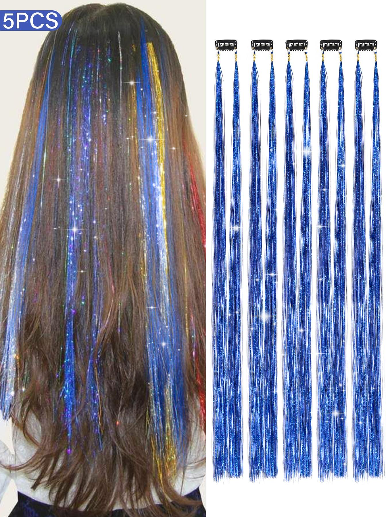 5pcs 24-Inch Royal Blue Flashy Clip-In Synthetic Hair Extensions, Bright Laser Fiber Design, Rainbow Color, Easy Wear, Perfect for Parties and Music Festivals