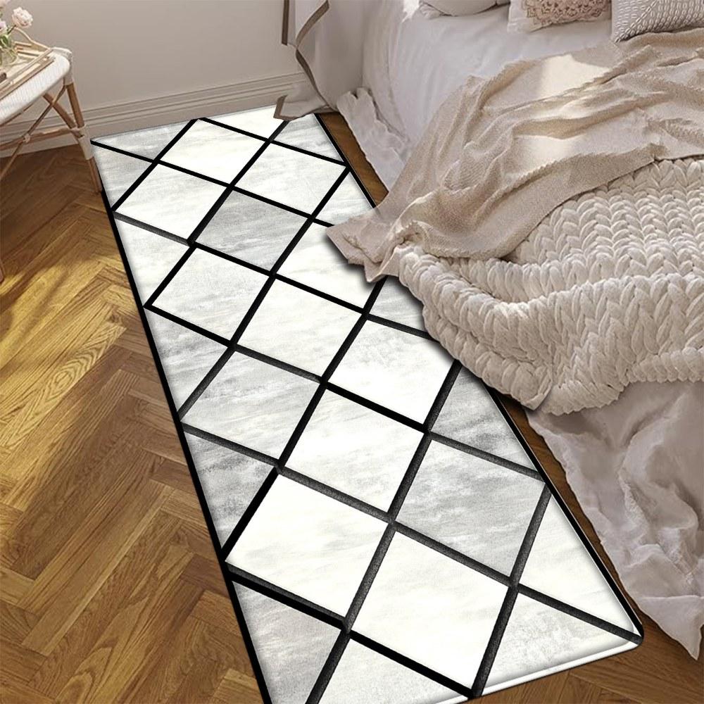 1PC， Black and White Diamond Geometric Pattern strip rugs, home décor, bathroom mats, entryway mats, bathroom non-slip mats, indoor entrance rugs, bedroom bedside mats, kitchen mats, hallway rugs, flannel sponge rugs, hallway runner rugs
