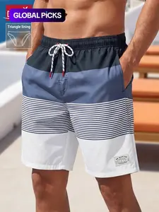 Men's Striped Swim Trunks, Casual Comfy Breathable Swim Shorts for Summer Outdoor Activities, Activewear Swimwear for Beach Vacation, Drawstring Swim Bottoms, Swimming Shorts