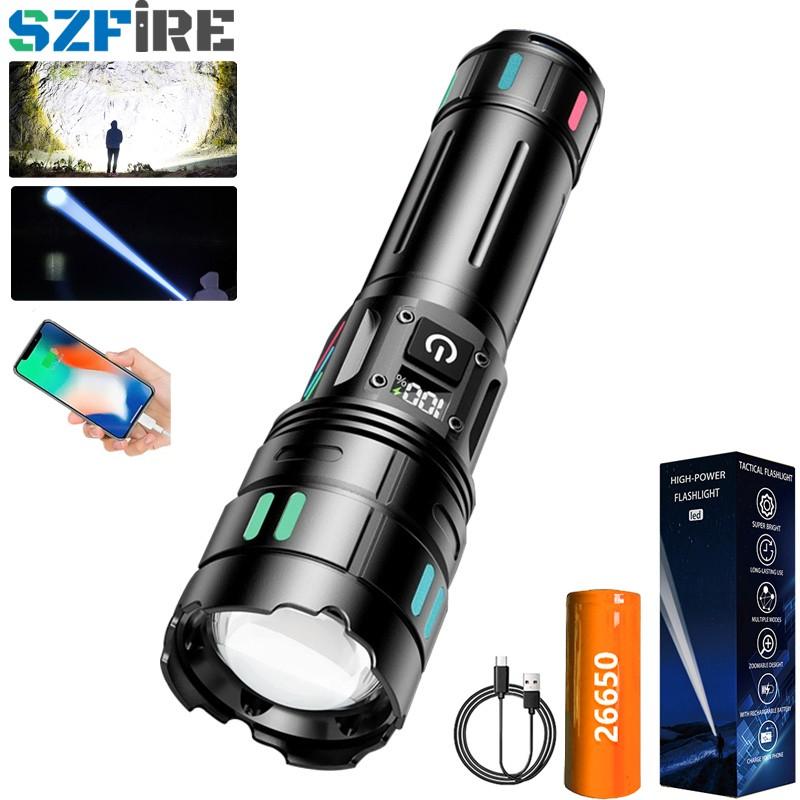 Aluminum Alloy Rechargeable Flashlight, Portable Display Multifunctional 30w Extendable Camping Fishing Night Riding Torch