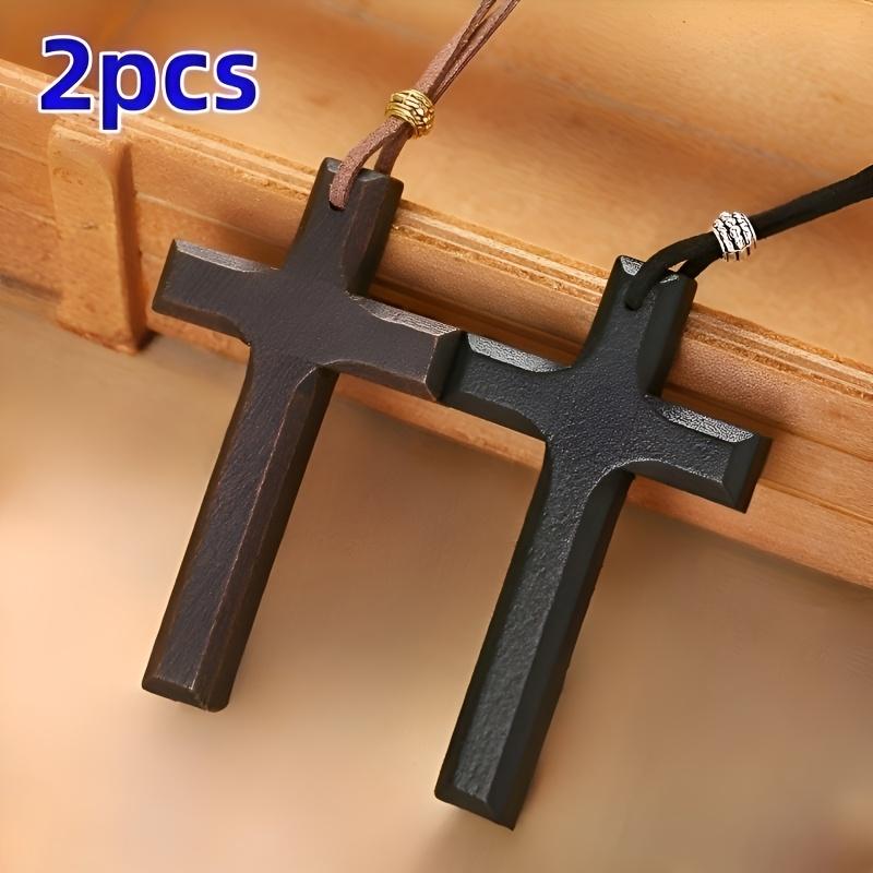 Unisex Wear 2-Pack Minimalist Wooden Cross Necklaces - Handmade Religious Jewelry with Cross Shape, Letter Motif - Everyday Gift Set
