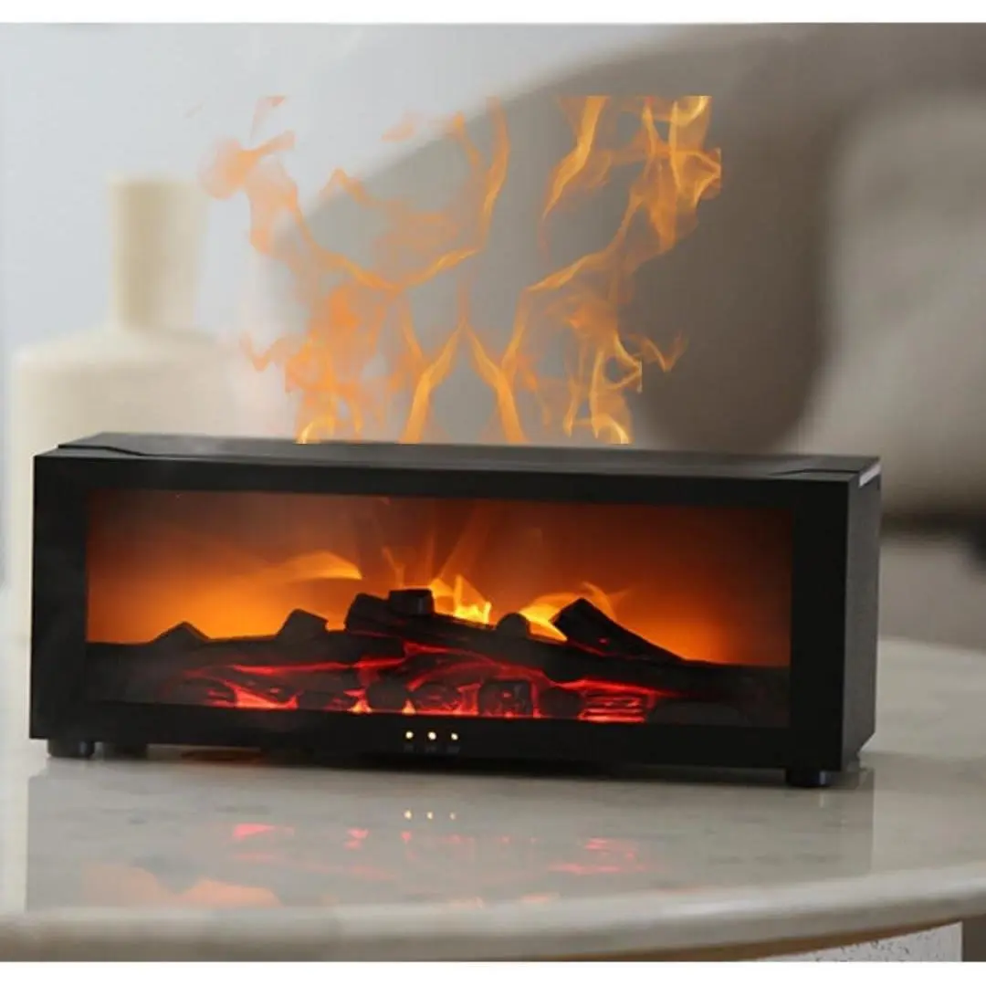 Black Compact Fireplace Humidifier Diffuser - Unique Aromatherapy Fireless Flame Device with 7-Color Lights, Smart Timer (Home, Festive Party Supply, Gift Idea)