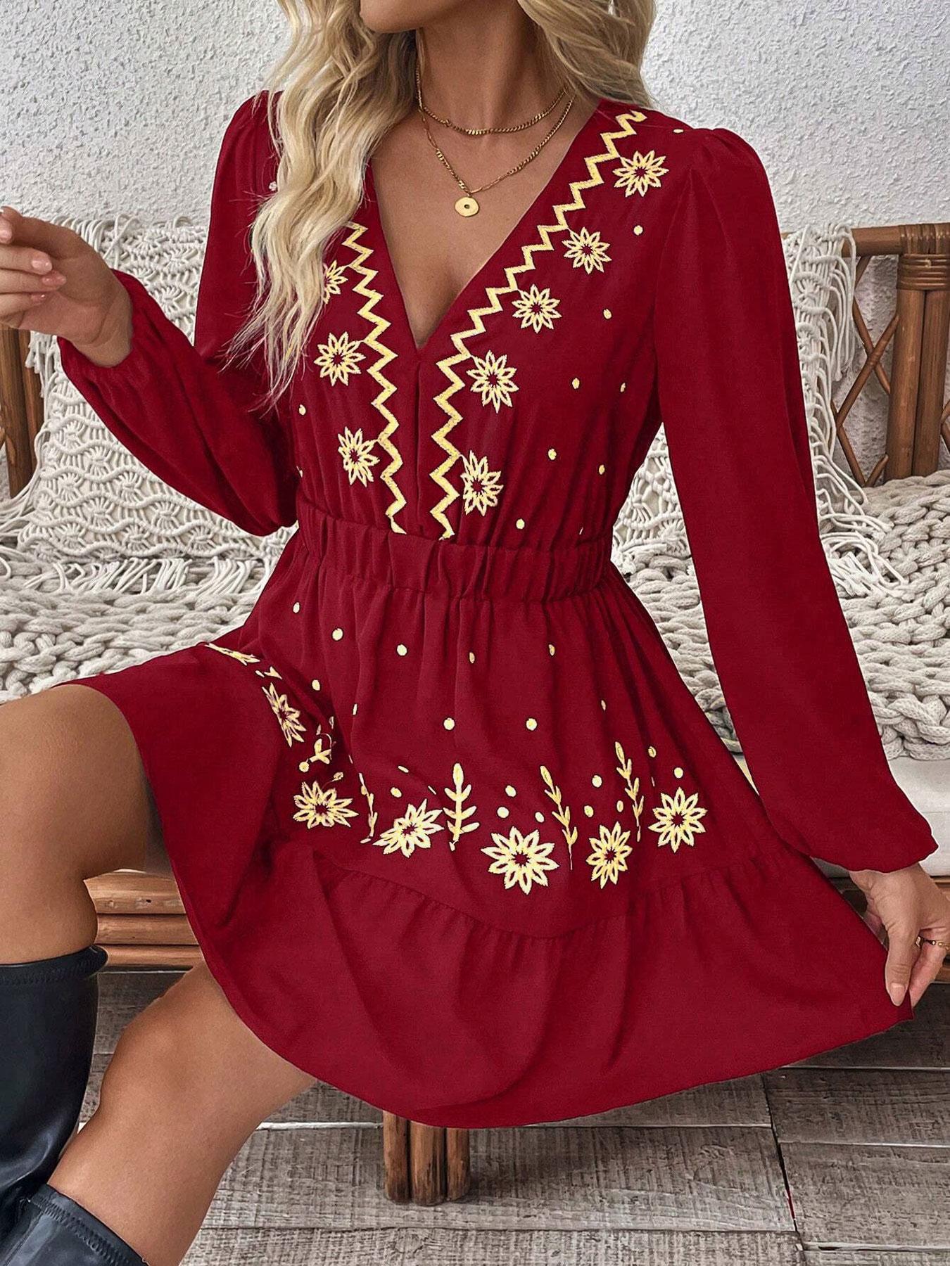 Women's Embroidered Deep V Neck Hollow Out Long Sleeve Dress, Bodycon A-Line Skirt, Elegance, Perfect Spring Summer Choice