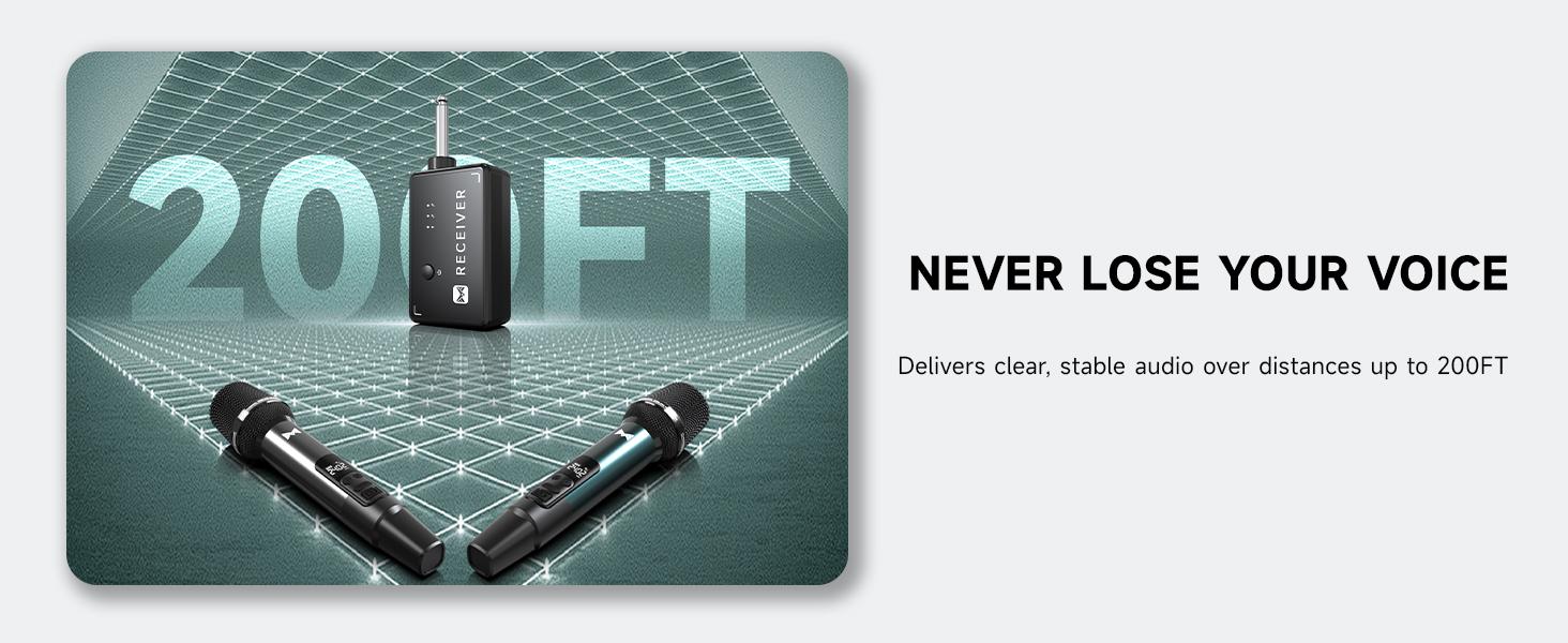 Wireless Microphones, Metal Dynamic Wireless Microphones with One-to-One Chip Connection and Rechargeable Receiver, 40H Duration, 200FT Range Receiving, Performance Vocal, Karaoke Microphone for Singing