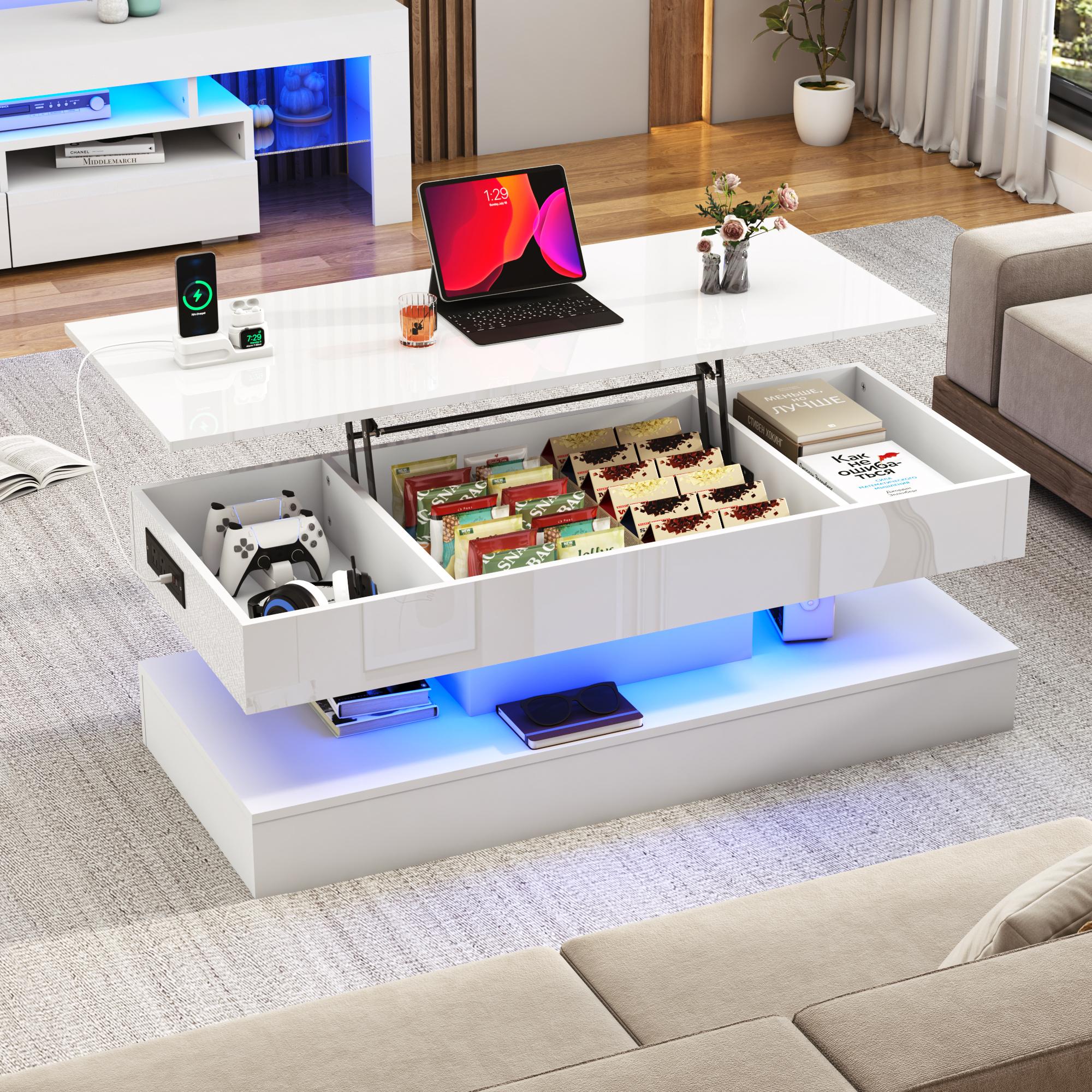 39.4"/47.2" Large Lift Top Coffee Table,Modern High Glossy LED Coffee Tables for Living Room with Storage,Black Living Room Tables for Living Room,Dining Room,Bedroom Home Office,APP LED Lights（Black/white）