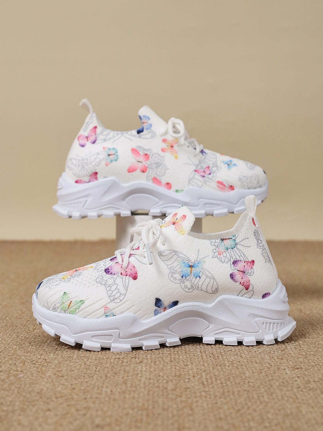 Girls' Spring & Fall Fashion Sneakers, Soft Anti-Slip Comfortable Lightweight Breathable Easy Wear, Elegant Butterfly Pattern Outdoor Shoes
