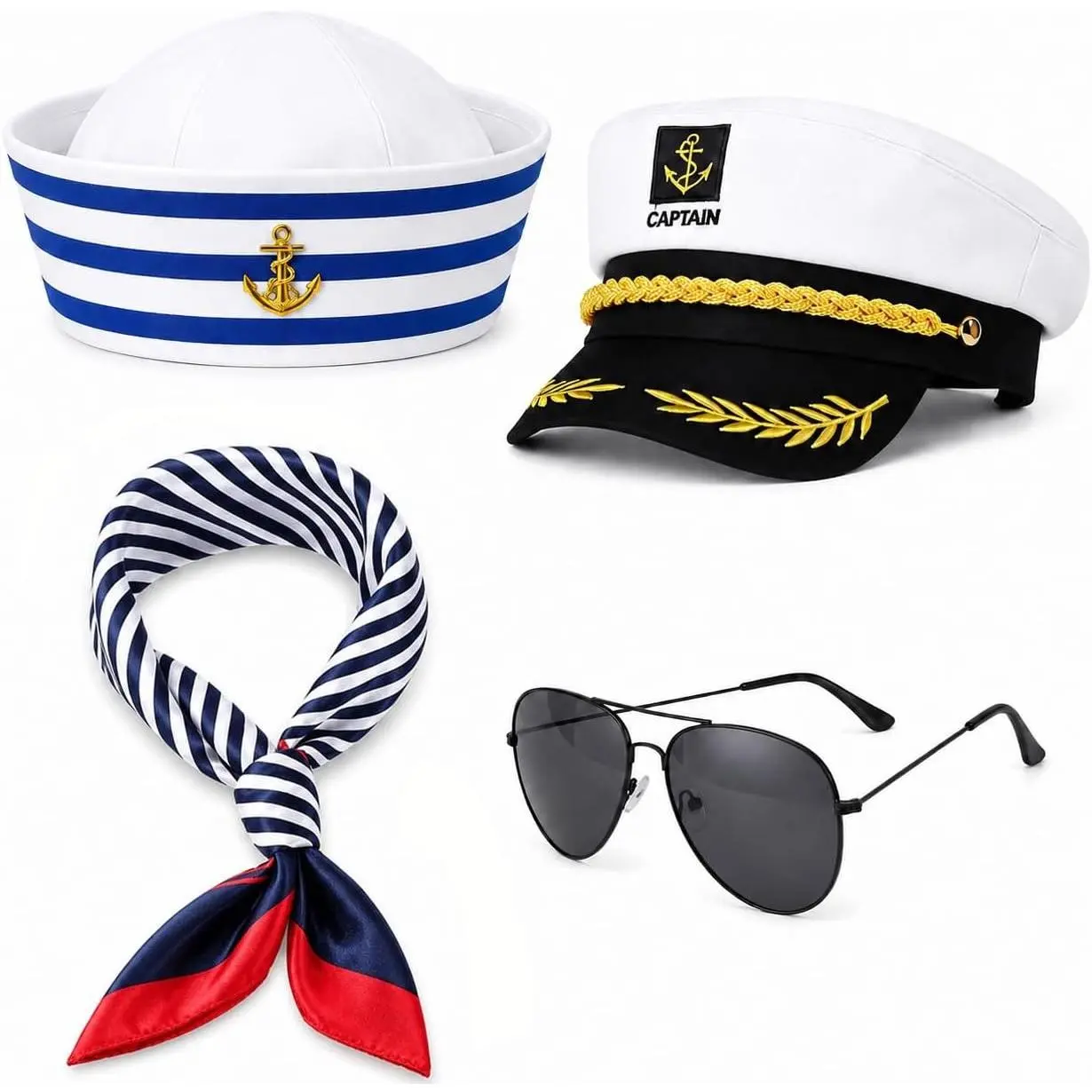 4-Piece Yacht Captain Sailor Costume Set with Hat, Sailor Cap, Sunglasses, and Scarf for Adults Halloween Party Dress Up(Gift)
