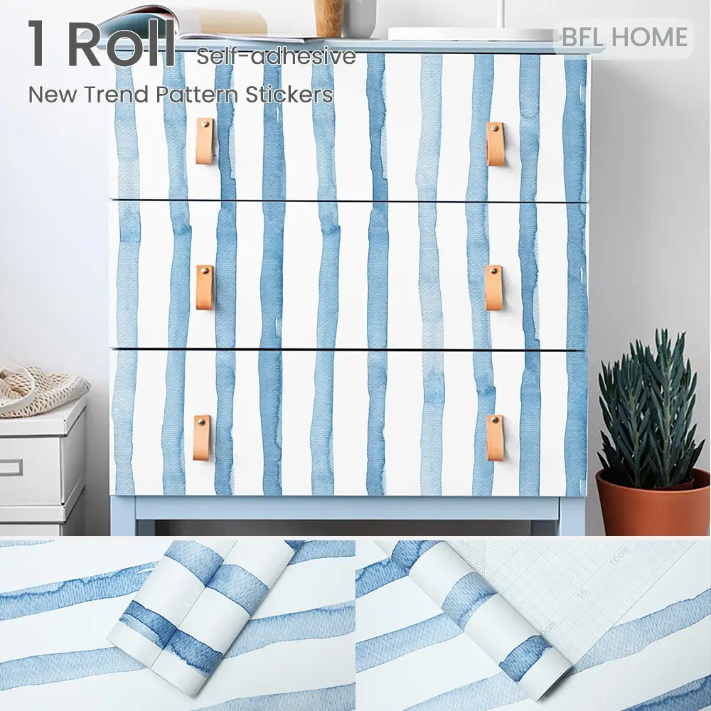 1 roll of trendy Mediterranean style self-adhesive blue striped furniture contact paper, made of frosted and thickened material, available in multiple lengths, easy to peel and stick, suitable for wall decoration and furniture decoration