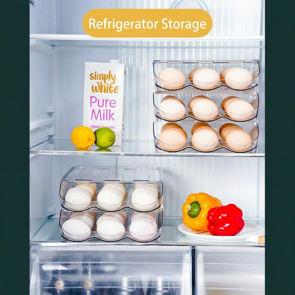 Egg Holder for Refrigerator, Automatic Rolling Egg Dispenser with Lid, Stackable Storage Rack, Transparent Plastic Egg Tray 2-Tier/3-Tier