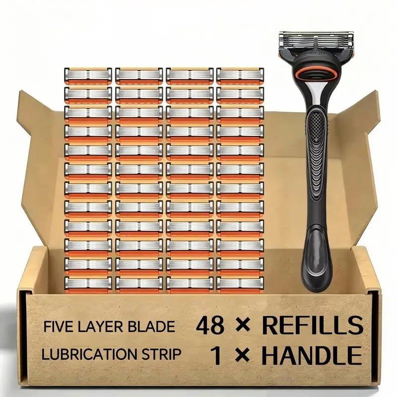 Men’s Manual Shaving Grooming Kit, Ergonomic Razor Handle With 24 Or 48 Count Replacement Razor Blades, For Head Shaving, Facial Grooming & Daily Men Personal Care