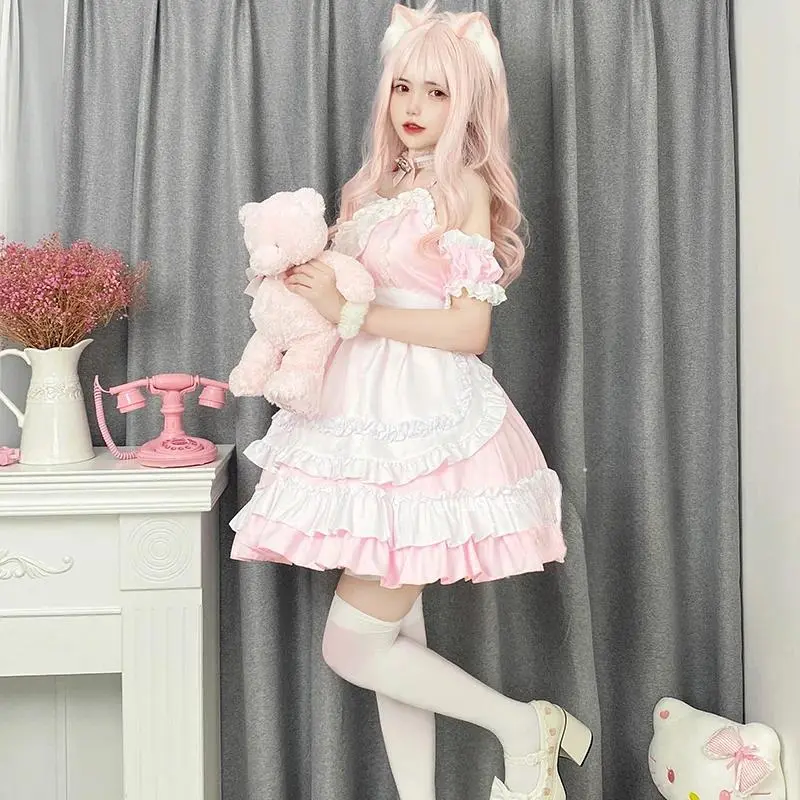 Japanese Sweet Lolita Dress Anime Cat Girl Plus Size Maid Halloween Cosplay Costume Pink Ruffles Kawaii Princess Party Dresses