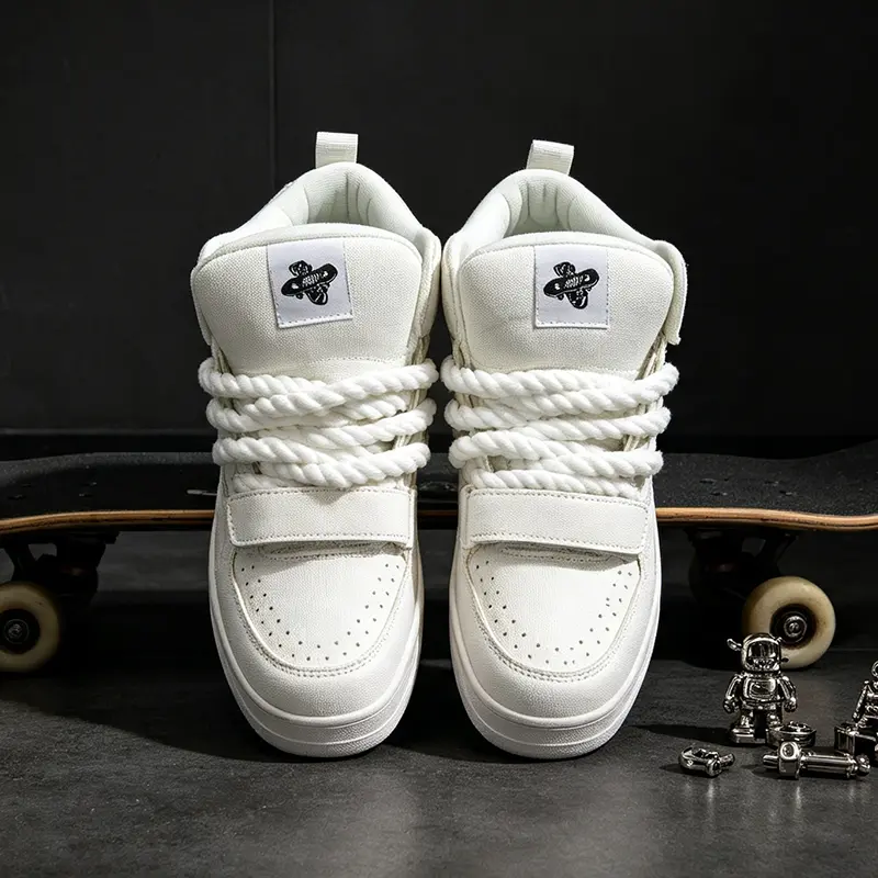 Matching‑Outfit Unisex Off‑White High‑Top Chunky Platform Bread Sneakers, Thick‑Sole Skate Board Shoes With Rope Laces & Velcro Strap, Breathable Comfort Non‑Slip Footwear For Bestie Friends Weekend Hangouts