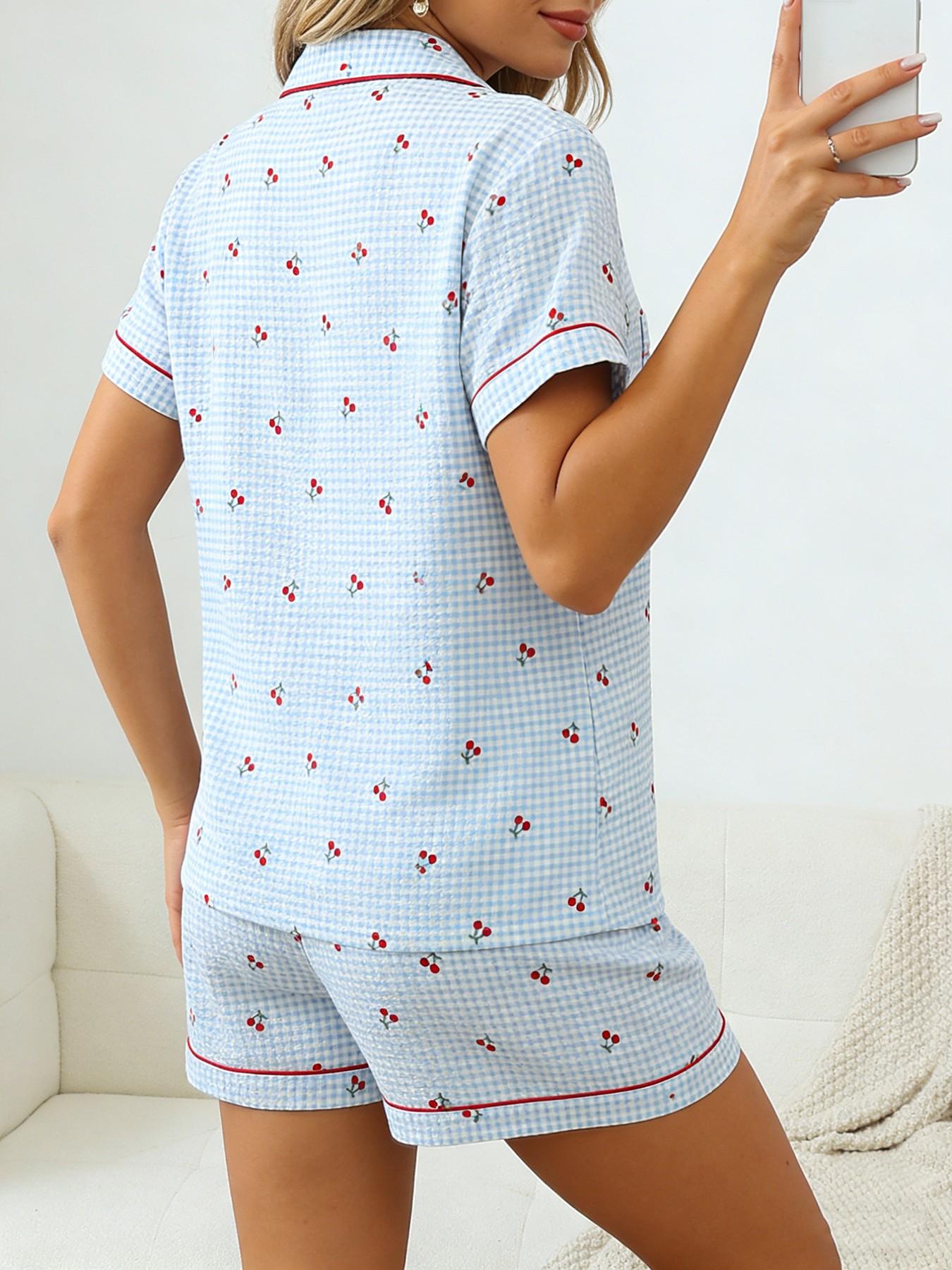 Women's Short Sleeve Button Down Top and Shorts Pajama Set, Spring Summer Wear, For Energetic Teen Girls, Blue White Gingham With Bright Cherry Print, Classic Lapel Collar, Loose Vitality Fit, Comfortable For Home & Gatherings