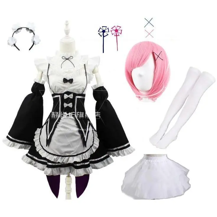 In Stock Re:zero Kara Hajimeru Isekai Seikatsu Ram/Rem Cosplay  black  Costume Maid Servant Dress  for Christmas  Halloween