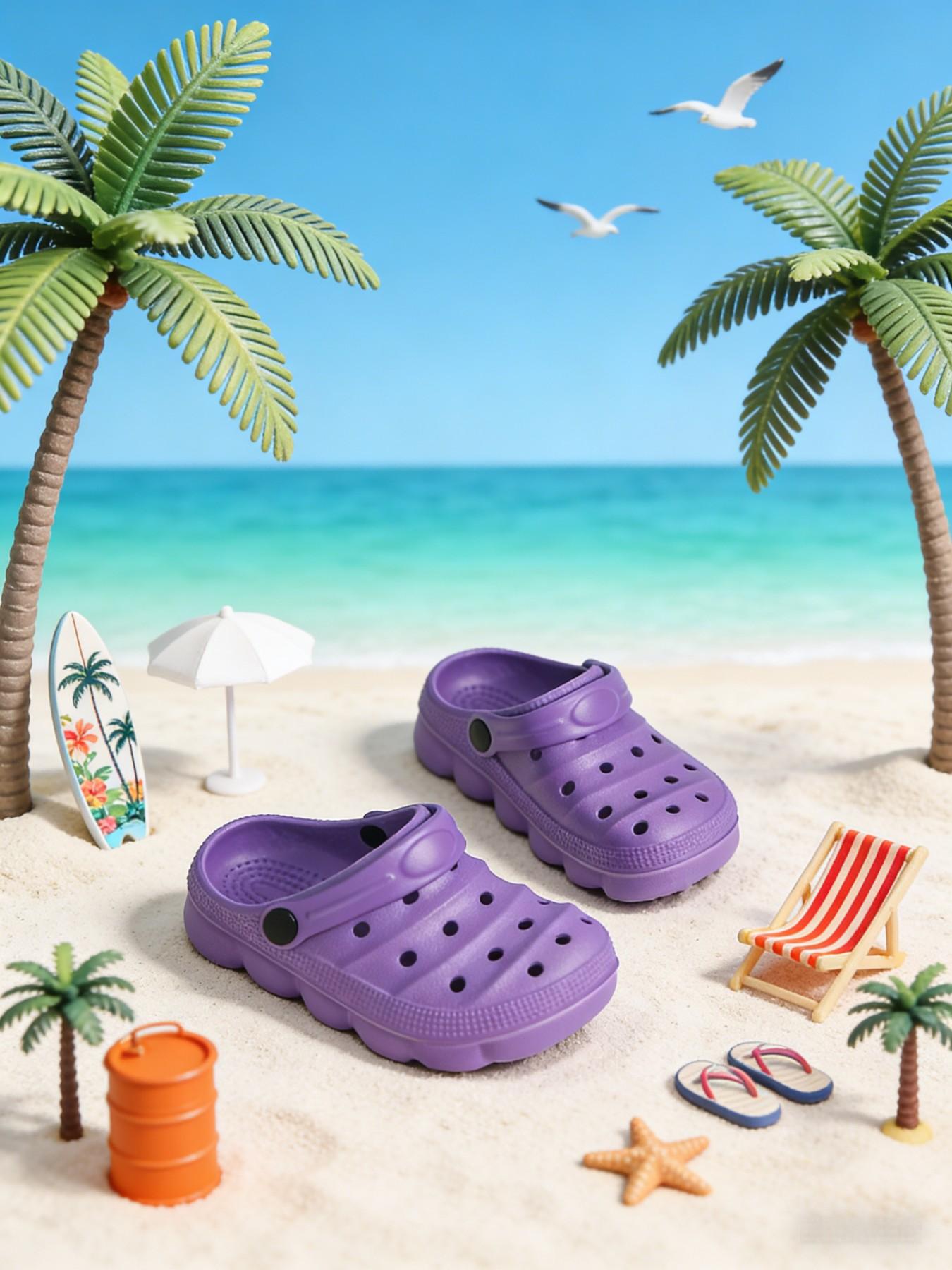 Summer New Pure Color Holey Shoes, Cute Thick Sole Anti-Slip Comfortable Breathable Closed-Toe Kids Sandals, Beach Resort Indoor Outdoor Slippers, Eva Slippers, Casual Beach Slippers
