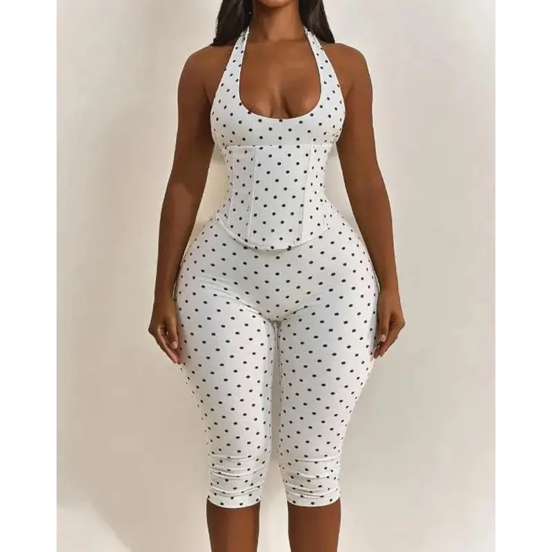 Women’s Seamless Polka Dot Shapewear Halter Bodysuit 2-Piece Set, Tummy Control & Butt Lift Waist Trainer