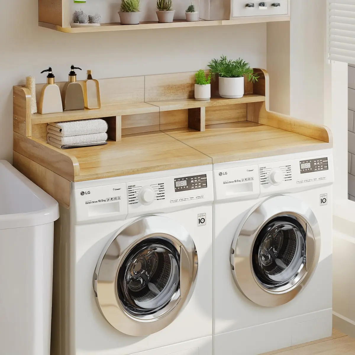 Washer Dryer Countertop with Non-slip Pads, Laundry Wood Shelf Topper with Edge, 54" Width x 27.5" Depth Double Layer Organizer for Washer and Dryer Laundry Hamper Counter Storage (Natural Color)
