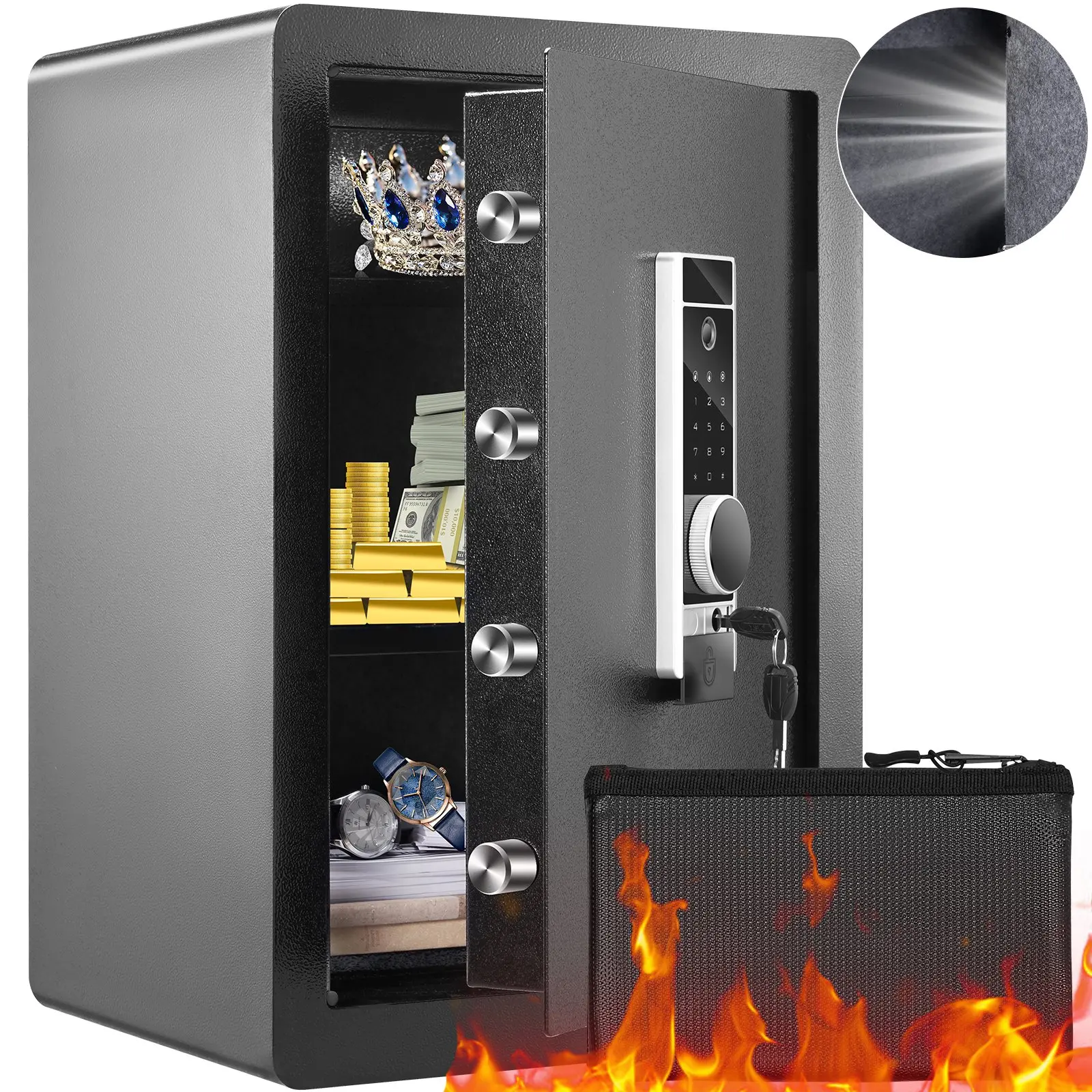 VEVOR Alloy Steel Home Security Cabinet, 2.2 Cubic Feet with Triple Locks (Fingerprint Pad, Digital Keypad, 2 Keys), Large Fireproof Bag Included, Protects Cash, Jewelry, Documents, 15.8x13x23.6 in