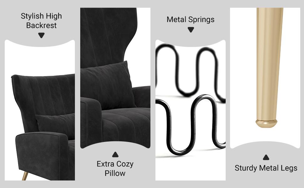 Velvet Accent Chair Wingback for Living Room, High Back Arm Chair with Golden Legs Lumbar Pillow, Upholstered Single Sofa Bedroom Beige Velvet Accent Chair Wingback for Living Room, High Back Arm Chair with Golden Legs Lumbar Pillow, Upholstered Single Sofa Bedroom Beige