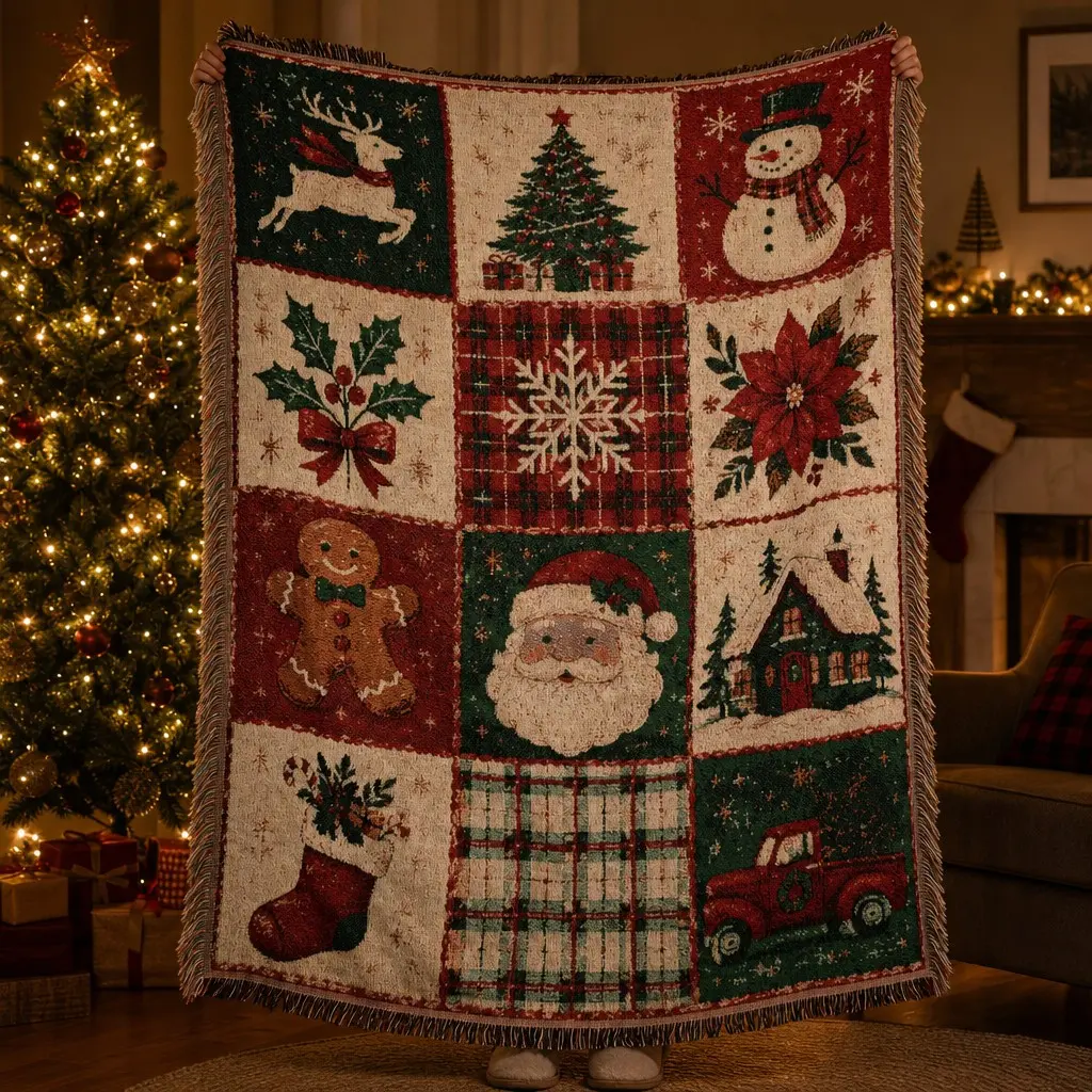 Multi-Functional Tassel Woven Blanket, Holiday Printed Throw – Christmas Patchwork Grid Patterned Bed Blanket, Suitable for Sofa Covers, Home Decor, Furniture Covers, Outdoor Picnics, Camping, Beach Towels