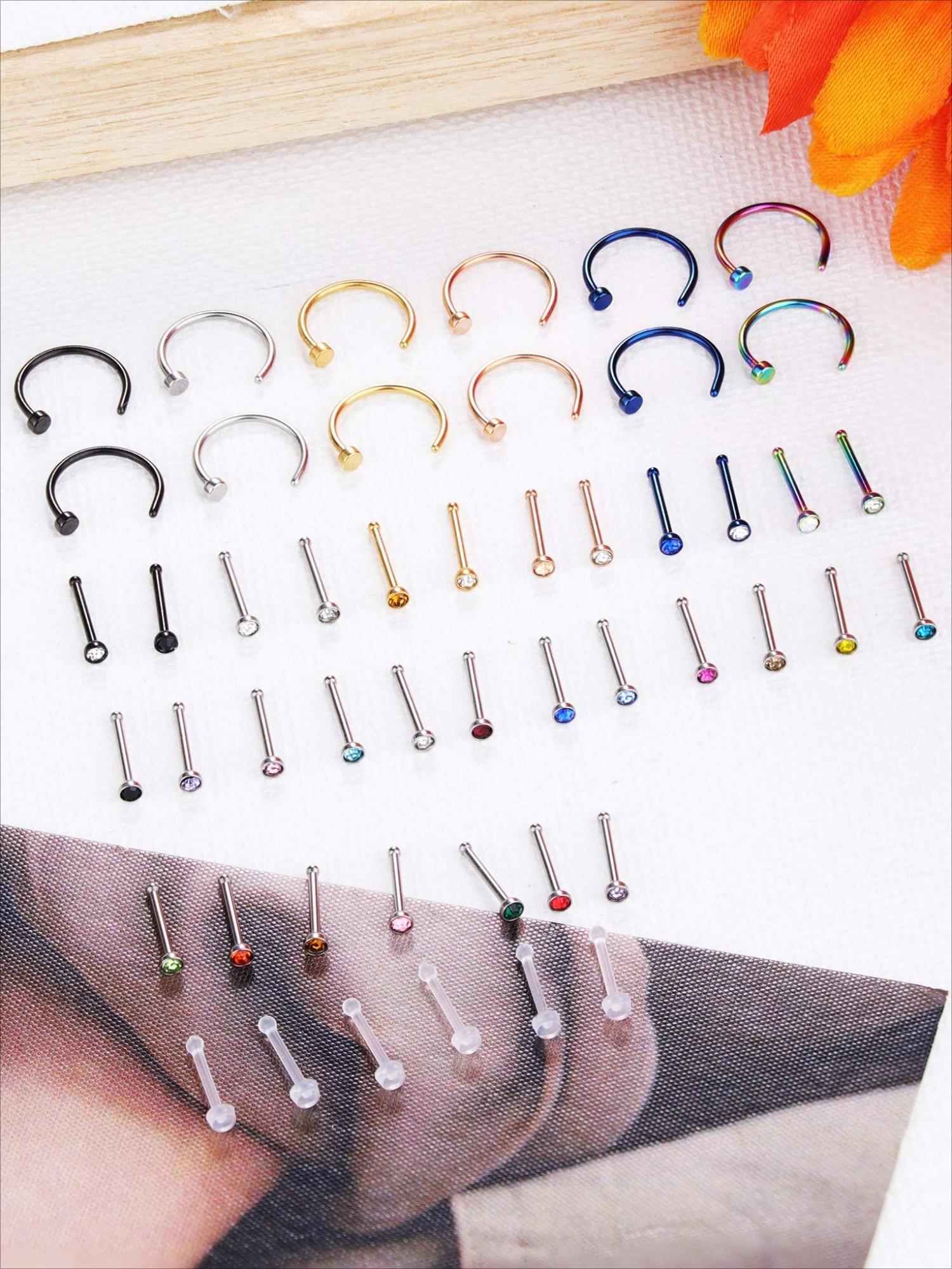 50 Pcs Colorful Classic Nose Piercing Set for Women Men Simple Fashionable Jewelry Options Assorted Collection Sparkling CZ Nose Studs Curved Nose Rings Discreet Clear Acrylic Retainers for Multiple Occasions Daily Wear Parties Vacations Formal Events