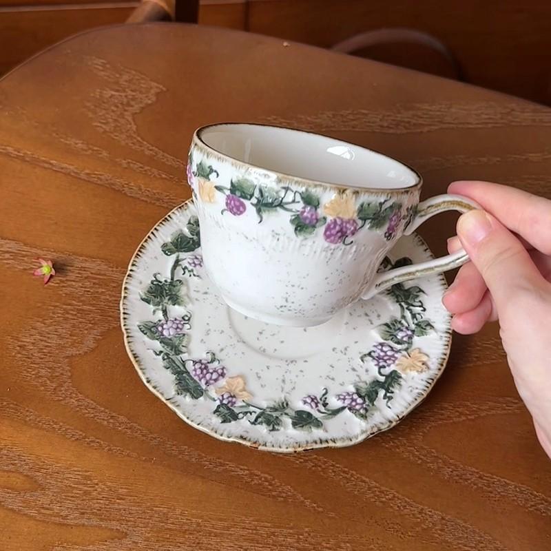 Gift for her Handmade ceramic coffee cup & saucer set  Vintage Romantic 🍇 Embossed Grape Cappuccino cup Set, Glazed Ceramic Breakfast Mug Aesthetic ☕ 🥐 🍰 , Water Cup, Afternoon Tea Coffee mug with saucer  💜