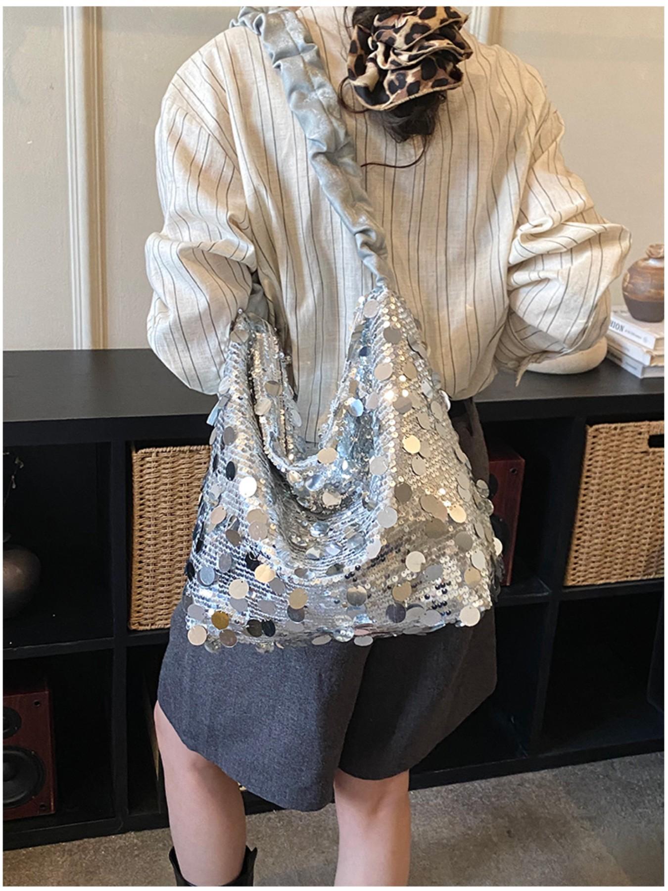 Luxury Sequined Handbag for Women, Silver Color, Large Capacity, Zip Closure, Party, Nightclub, Wedding, Concert