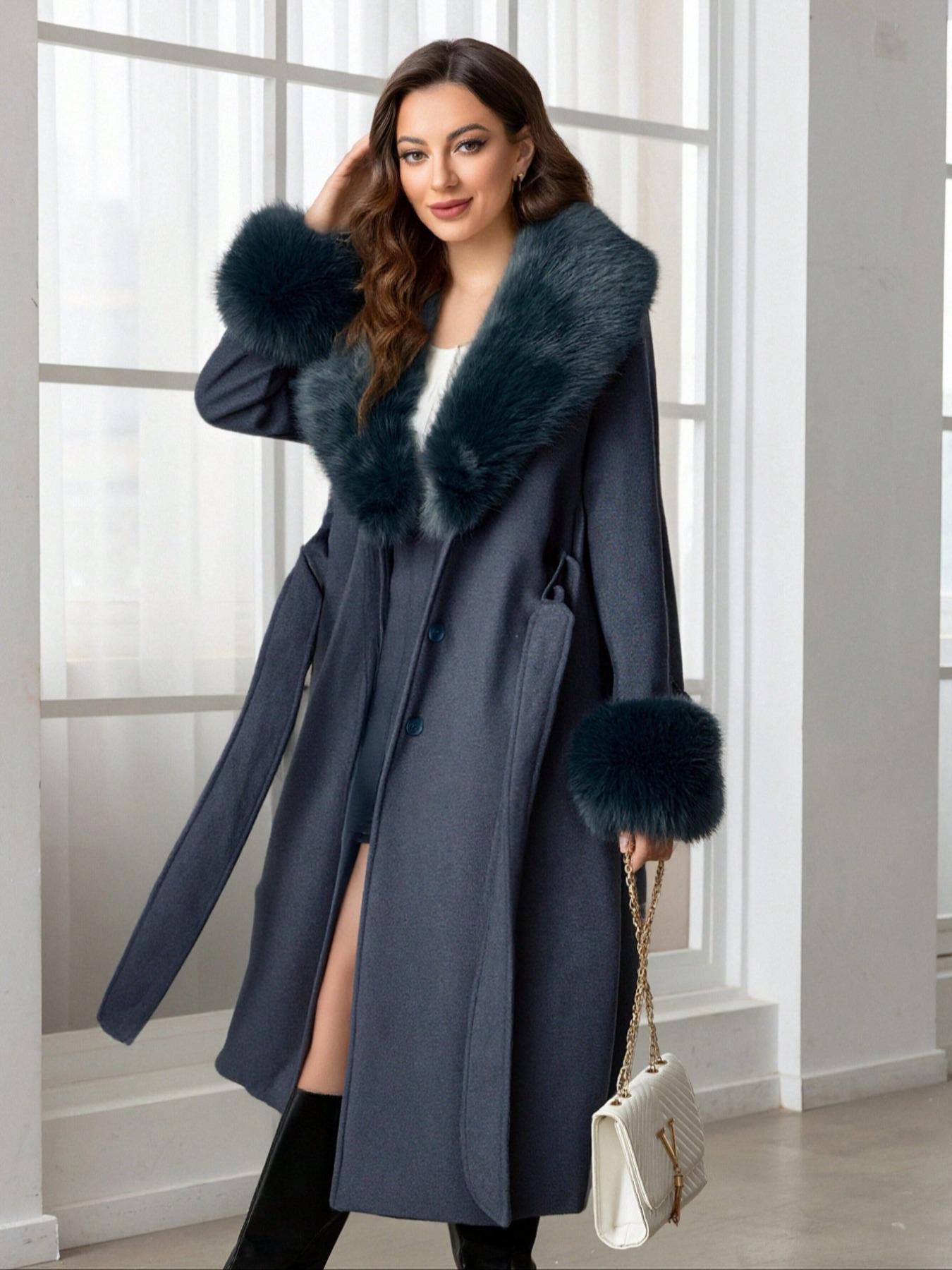 Women's Fall Winter Mid-Length Solid Color Coat, Warm Fitted Coat with Fur Collar, Waist Belt & Pockets, Casual Style, Jackets, Outerwear