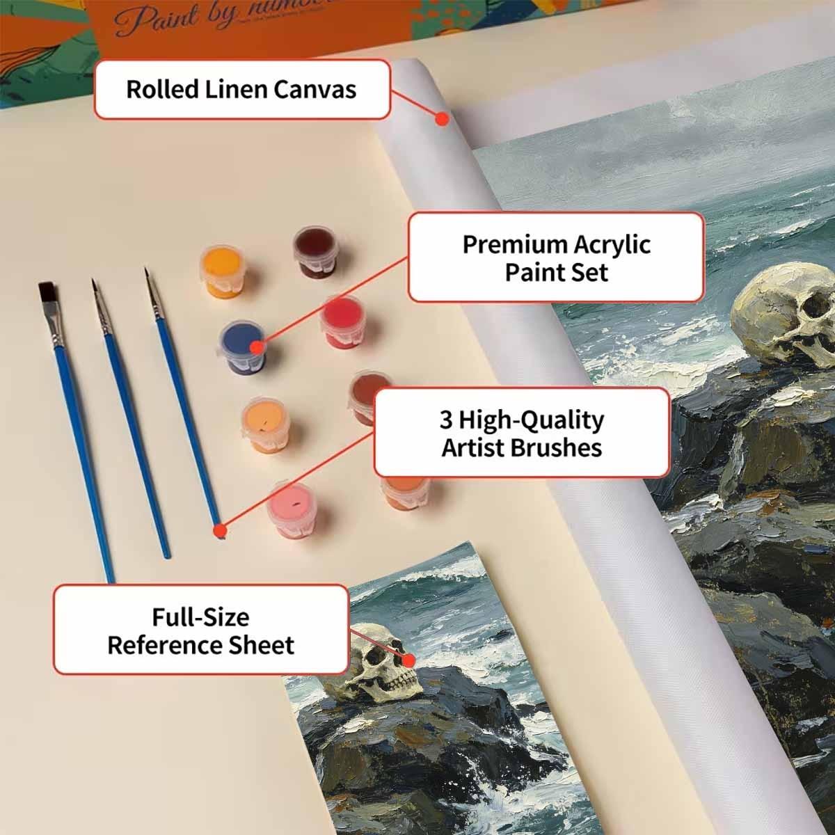 Adult Paint by Numbers Kit, Beginner Friendly, Unframed, Beach, Reef, Skull Design, Halloween Decor, Wall Art, DIY Supplies