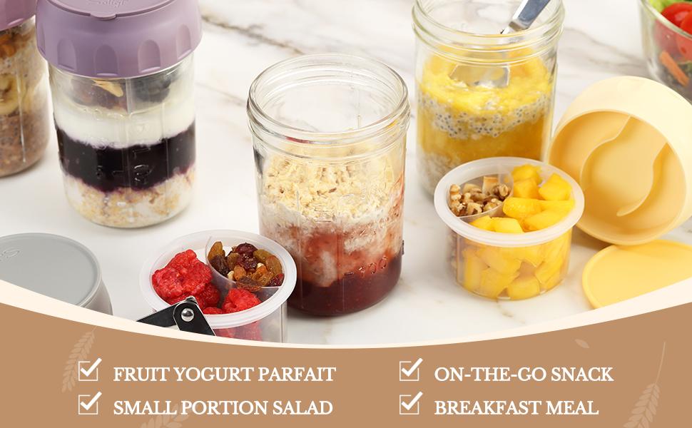 Soligt 16oz Overnight Oats Containers with Lids Folding Spoons & Divided Compartments for Fruit Nuts Small Glass Mason Jars for Oatmeal Yogurt Parfait Portable Kitchen Utensils Food Storage Organizer Airtight Leakproof Reusable