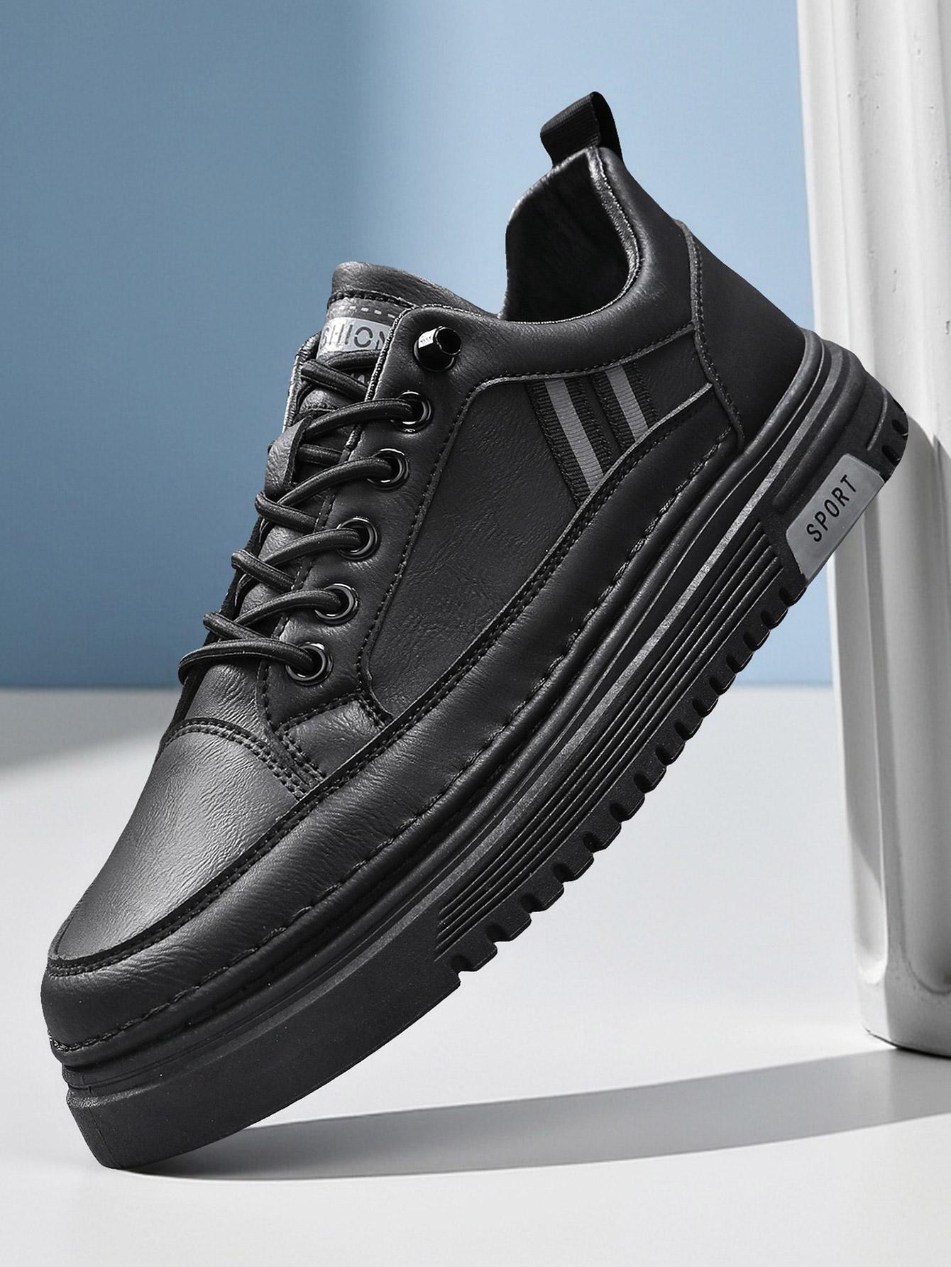 Men's Summer Thick Sole Sneakers, Simple Striped Casual Board Shoes, Soft Leather Breathable Lightweight, Height Boosting Slim Fit, Versatile Daily Wear