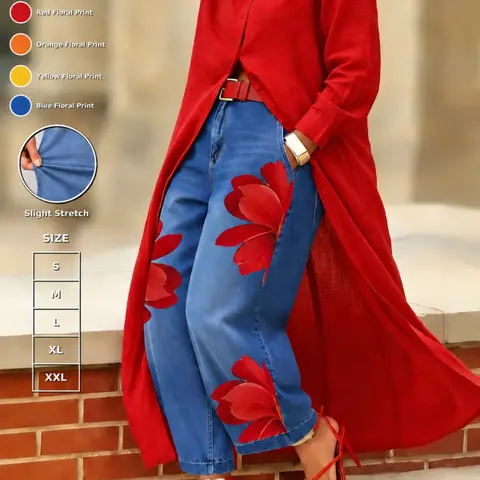 Women's High-Waist Floral Print Wide-Leg Jeans, Casual Loose Ankle-Length Denim Jeans, Fashion Pattern Design, Trendy Style