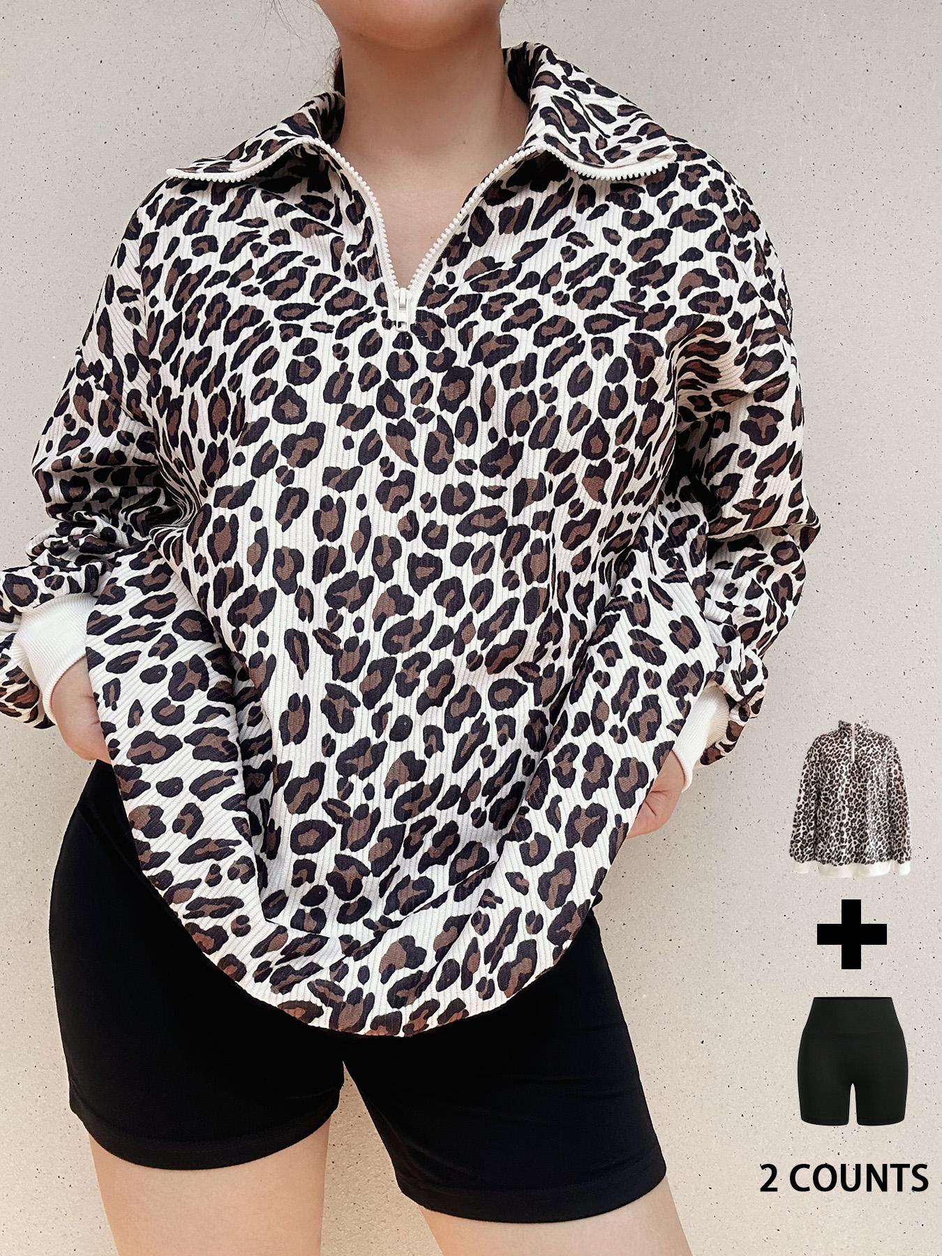 Women's 2pcs Set  Casual Zip Up Front Long Sleeve Leopard Print Sweatshirt,Fall Clothes