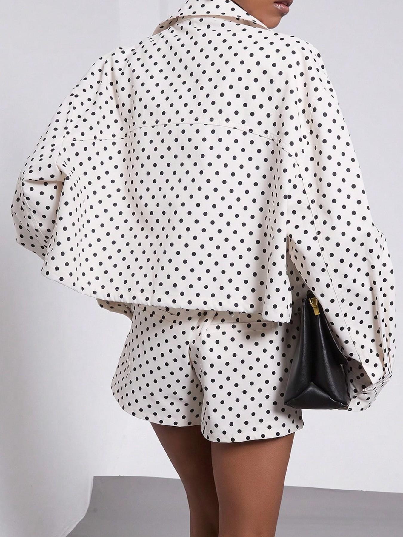 Women's Spring Fall Fashion European Style Stand Collar Vintage Polka Dot Long Sleeve Jacket Pilot Look Outerwear with Polka Dot Shorts Two-Piece Set Blazer Shorts Set