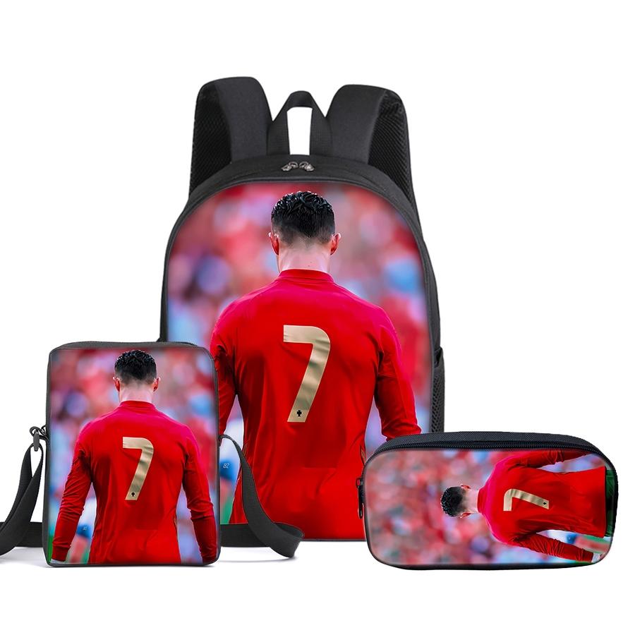 CR7 Football pattern printed 16-inch backpack three-piece set (single-layer backpack + small shoulder bag + single-layer pencil bag)