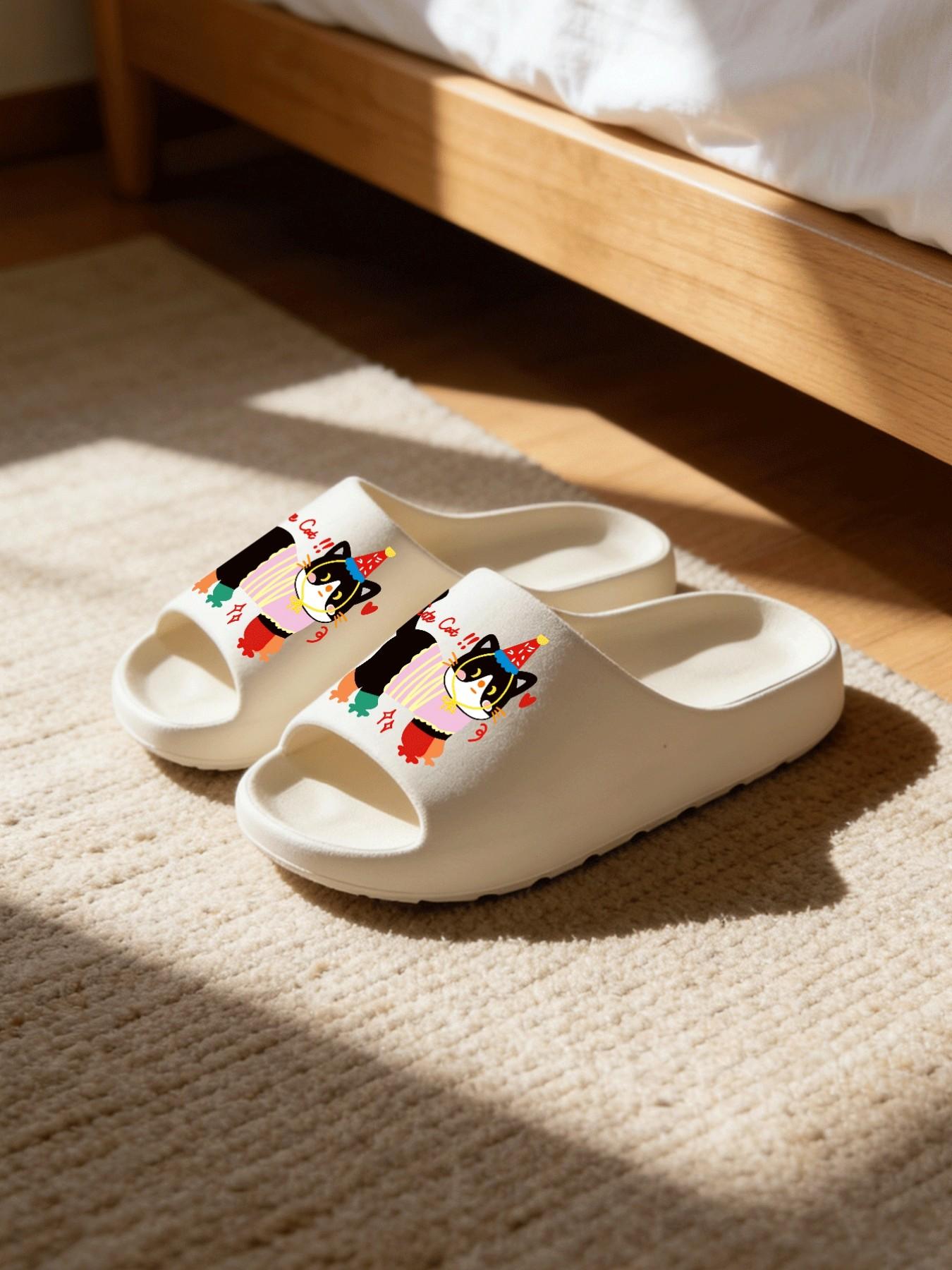 1 Pair Circus Cat Themed Printed Thick Sole Slippers, Cute Fun Style, Non-slip Soft Sole, Quick-dry, Indoor & Outdoor Dual-use, Open Toe Slides, Casual Slippers