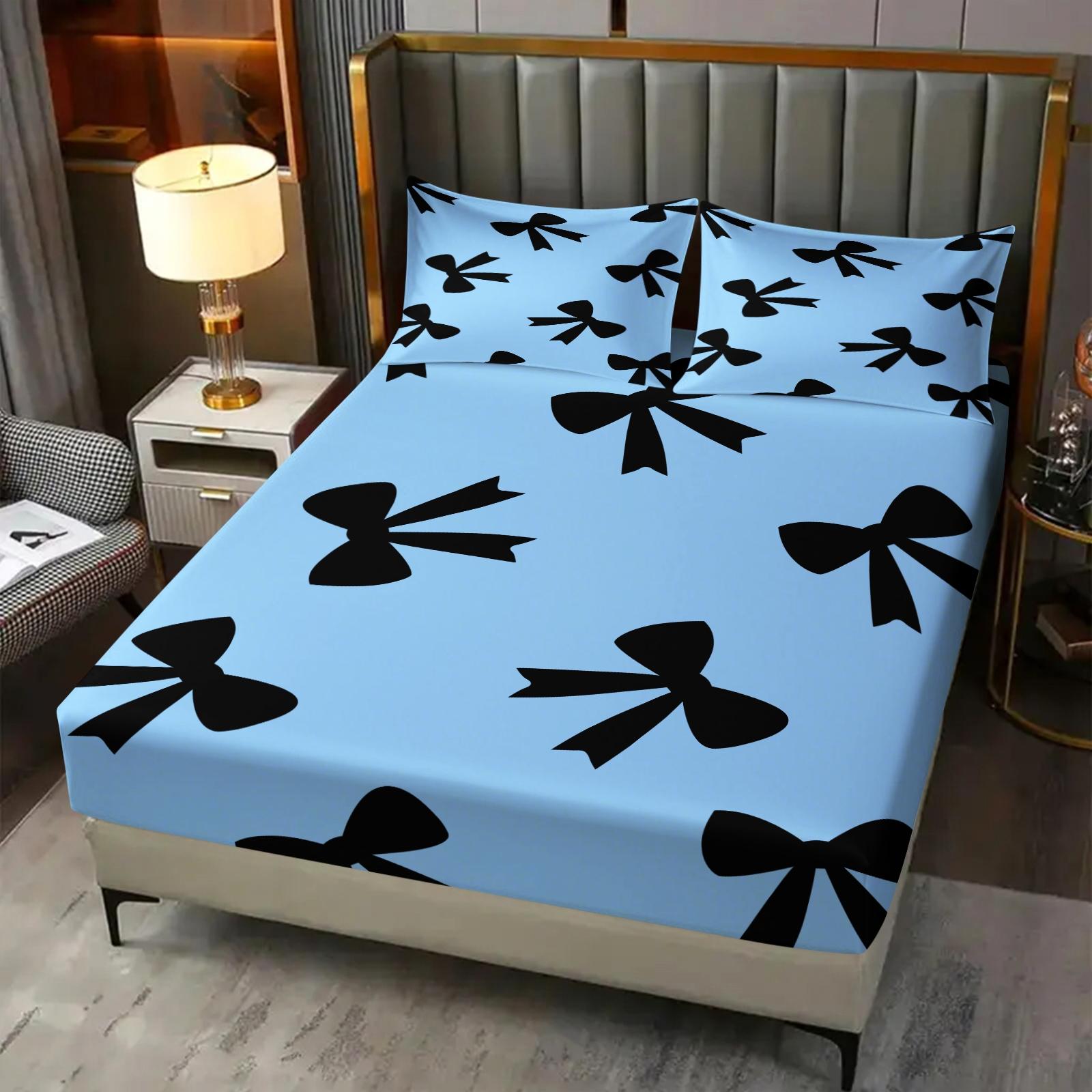 3Pcs Minimalist Bow Print Fitted Sheet Set, Cute Heart-Accented Bed Sheets for Bedroom, Warm Gift for Girls and Women