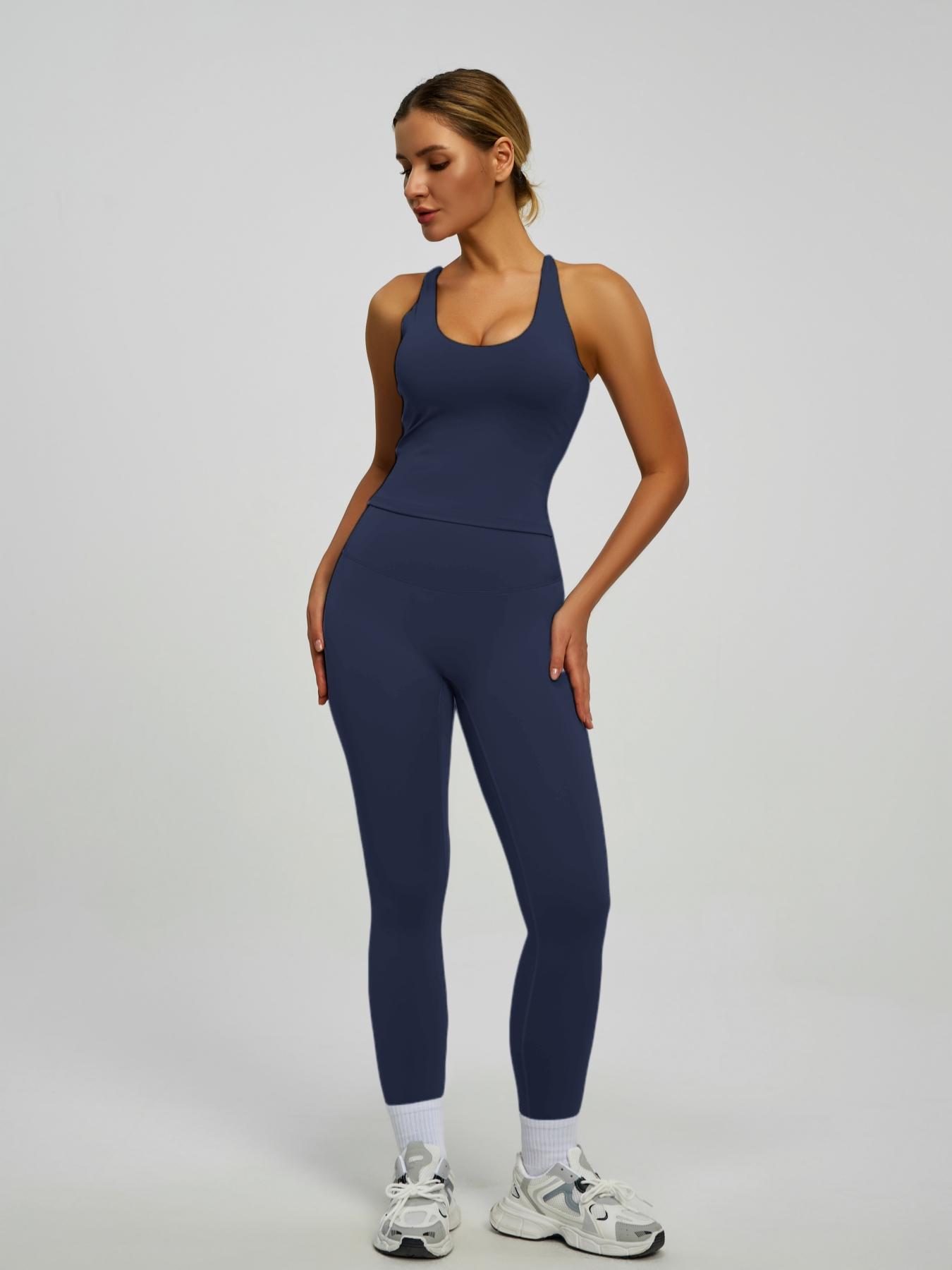 Women's 2-Piece Solid Color Sportswear Set, Sleeveless Backless Tank Top, High Waist Leggings, Slim Fit, Breathable Yoga Gym Outdoor Workout, Stretchable Activewear, Sports Fitness Wear