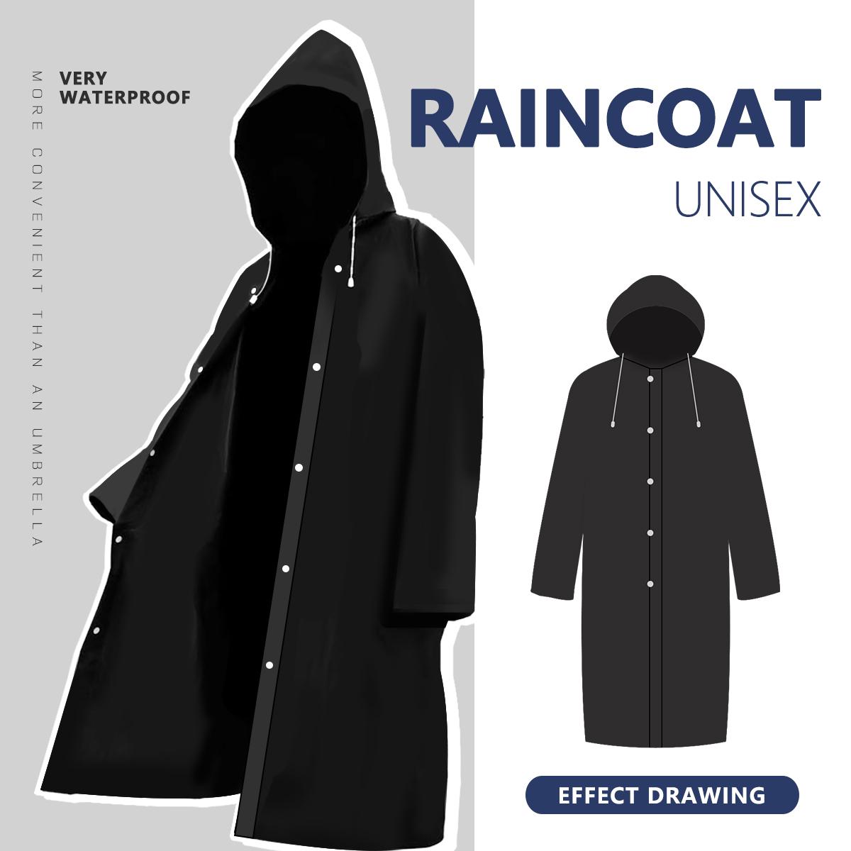 Adult Black Waterproof Shell Raincoat - Single-Pack, Adjustable Hat, Long-Length, Rainproof, Windproof Fabric Calms Breezy Hikes, Fold-Pack Light, All Seasons, Stay Dry for Camping Hiking Activities