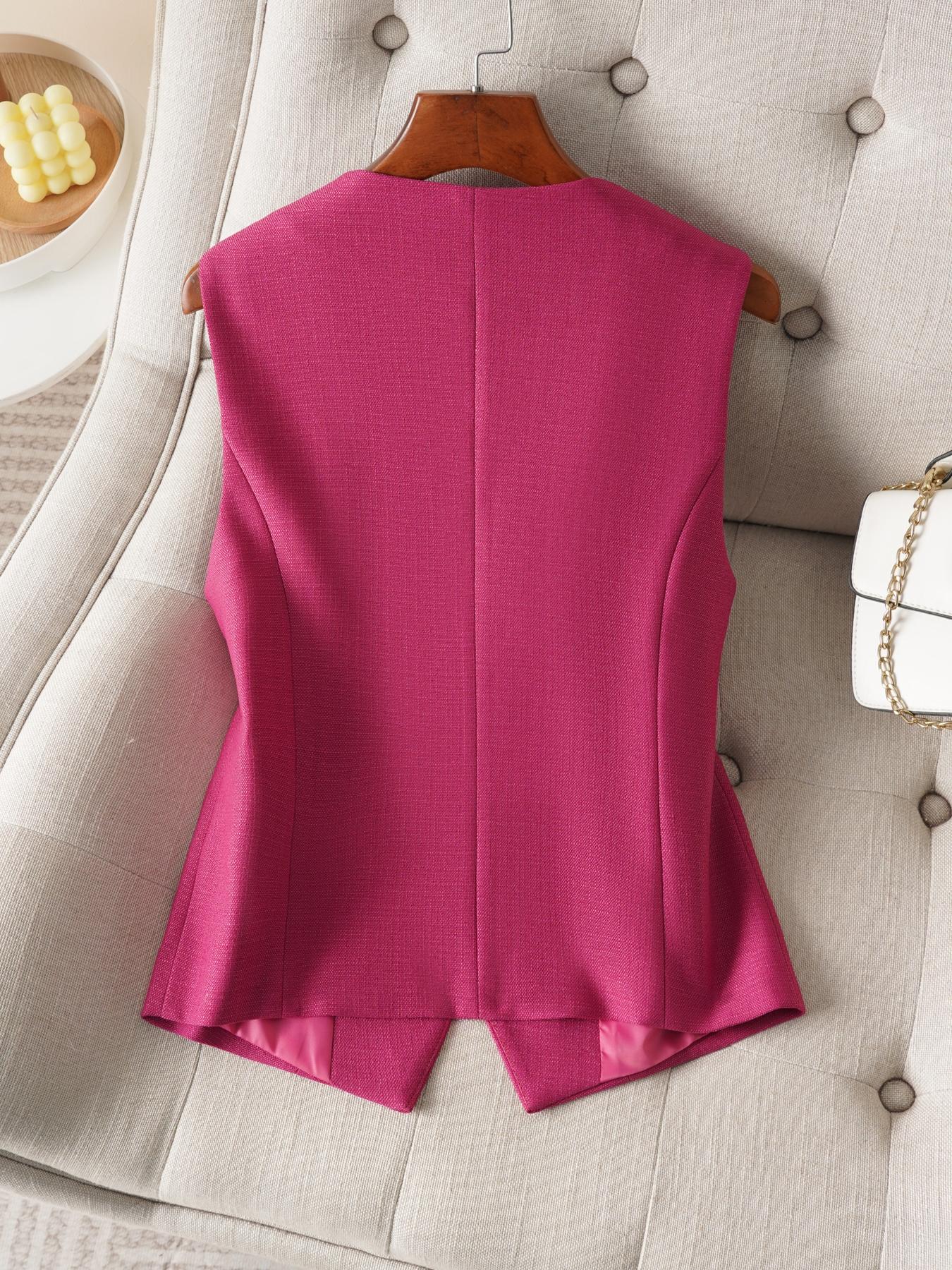 Women's Solid Button Front Fake Pocket Vest Blazer, Elegant V Neck Sleeveless Outerwear for Work Office Business, Ladies Spring & Fall Clothes
