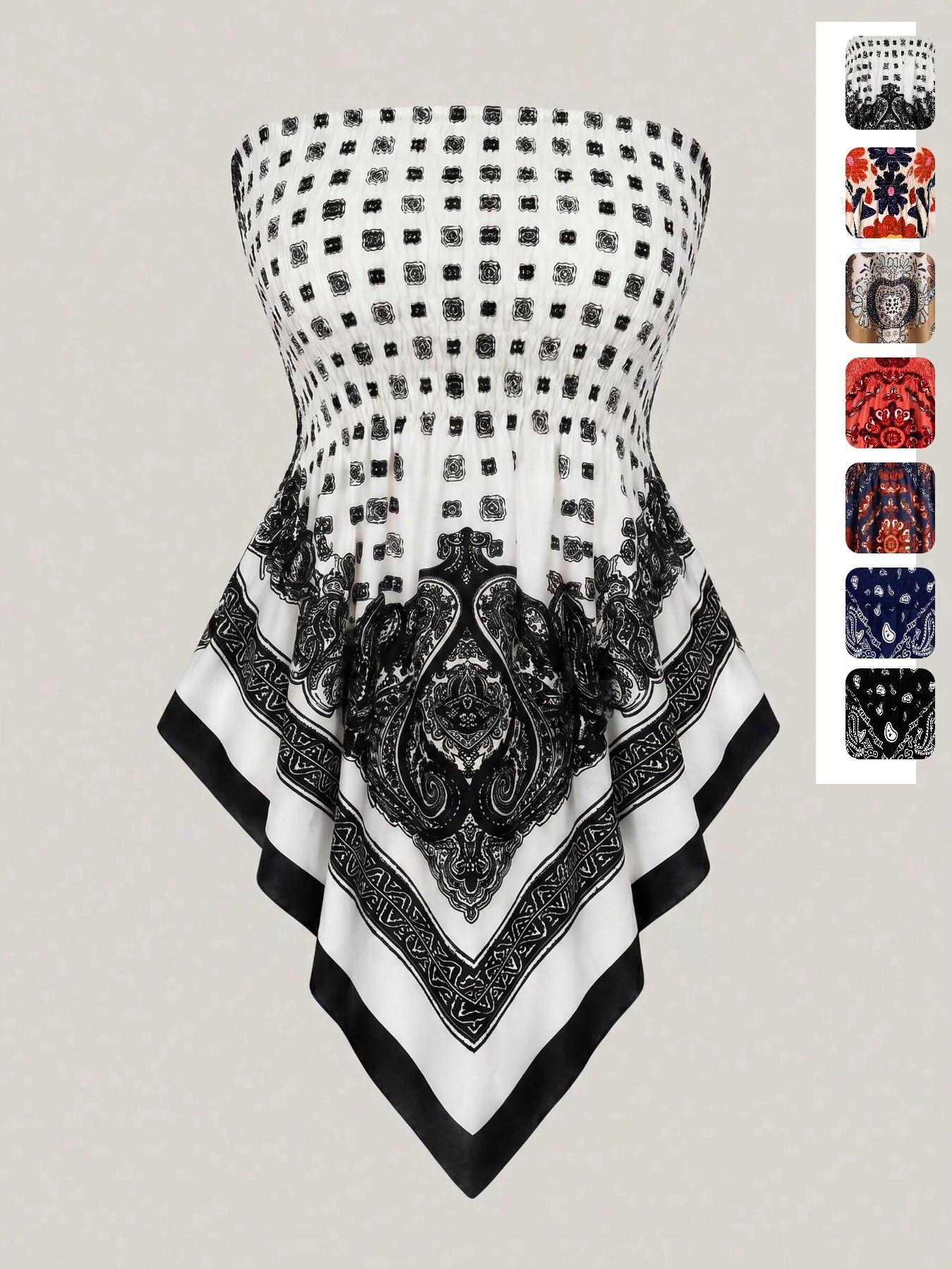 Plus Size Women's Ethnic Print Strapless Top, Bohemian Style Asymmetrical Hem Tube Top, Casual Summer Fashion Top Fit Plus Size Women's Ethnic Print Strapless Top, Bohemian Style Asymmetrical Hem Tube Top, Casual Summer Fashion Top Fit