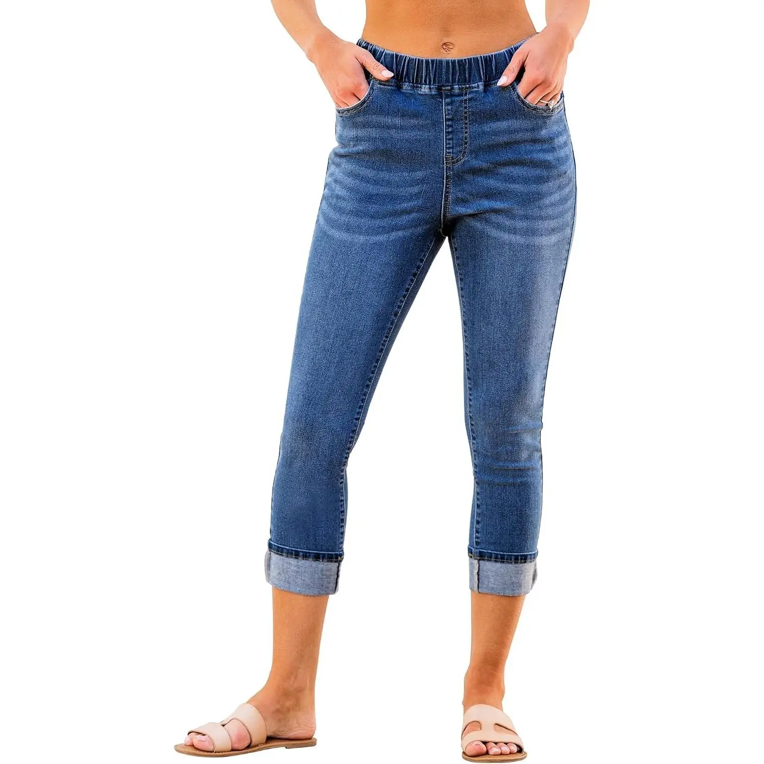 Women's High Waisted Pull-On Skinny Capri Jeans Trendy Stretch Denim Cropped Jeggings Pants(Gift)