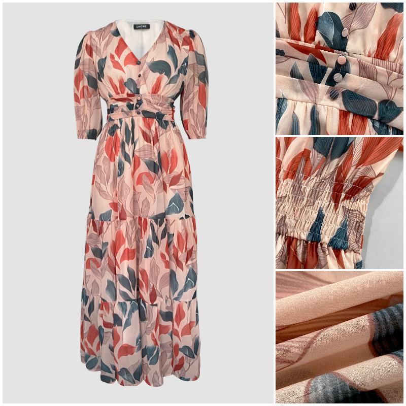 2026Women's Plants Print V-Neck Puff Sleeve Maxi Dress