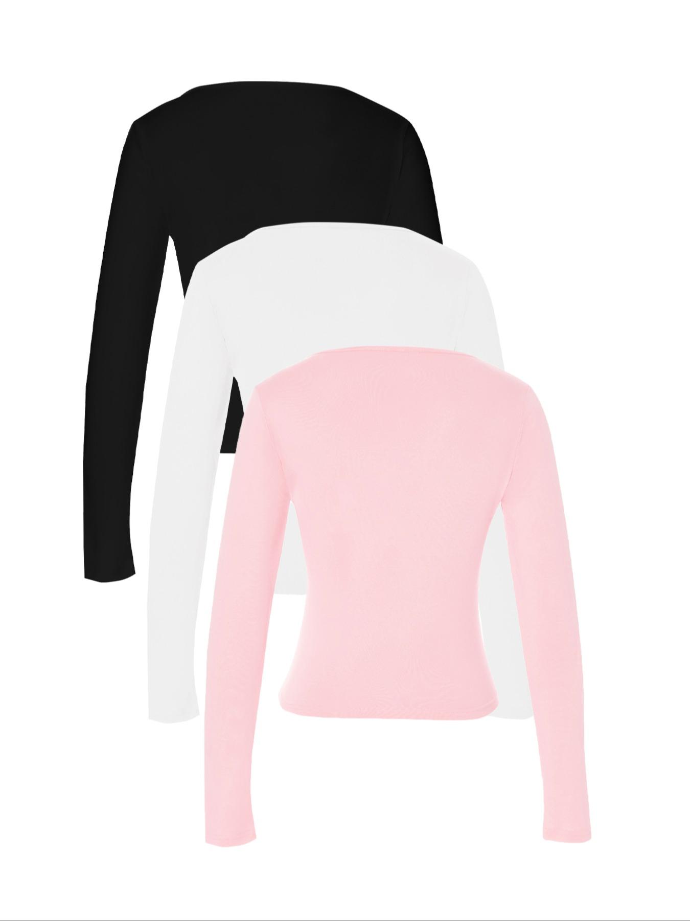 Women's Slim-Fit Long Sleeve Square Neck T-Shirt Set, Cute Style, Moderate Fabric Thickness, All Seasons Wear, 3-Piece Combo Pack, Tops