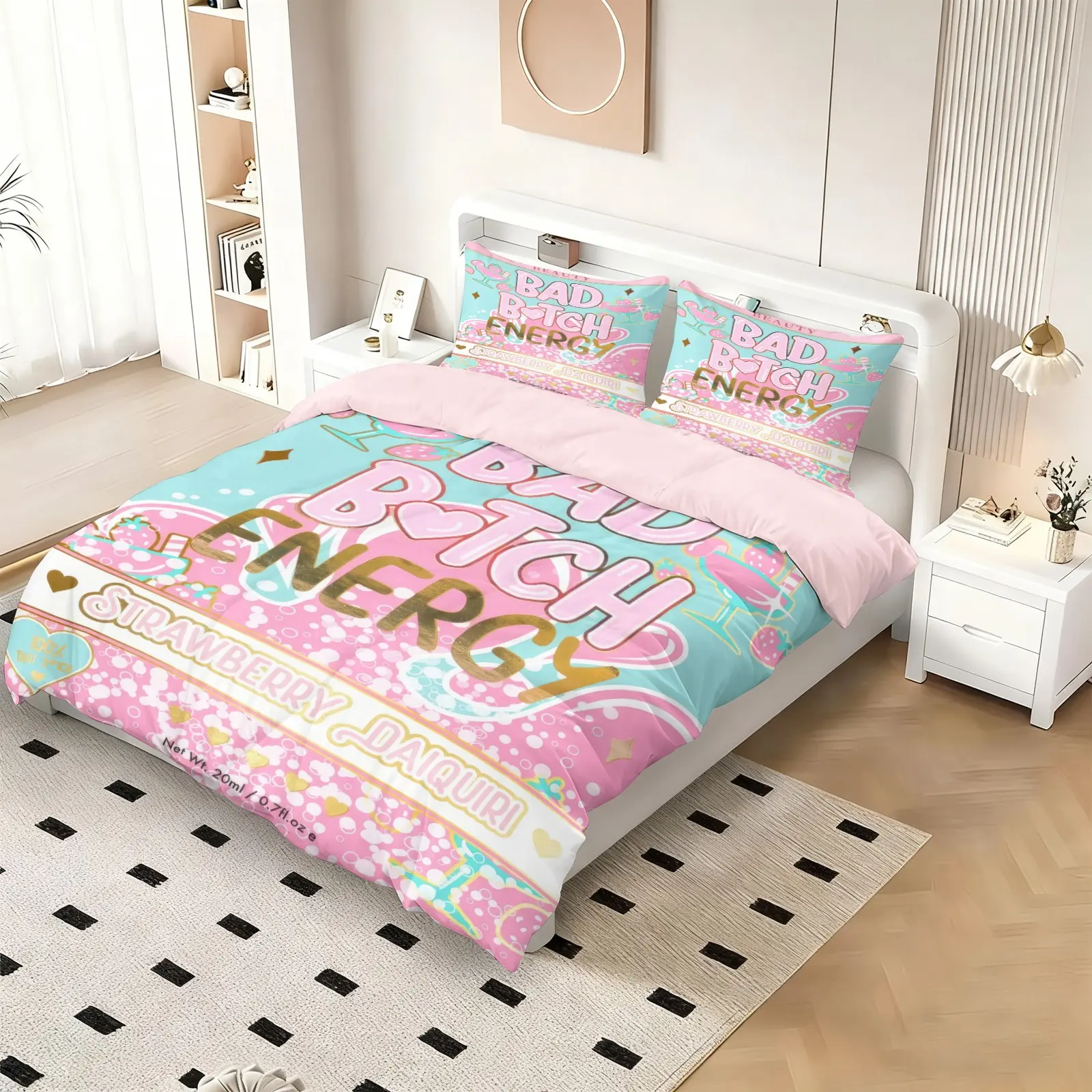 Bad Batch Energy Personality Duvet Cover Set, 1 Duvet + 1-2 Pillowcases, Y2K Sweet Cool Strawberry Cocktail Print with Pink Skin-Friendly Lining, Soft Comfortable Bedding, Teenage Girls' Bedroom Decor
