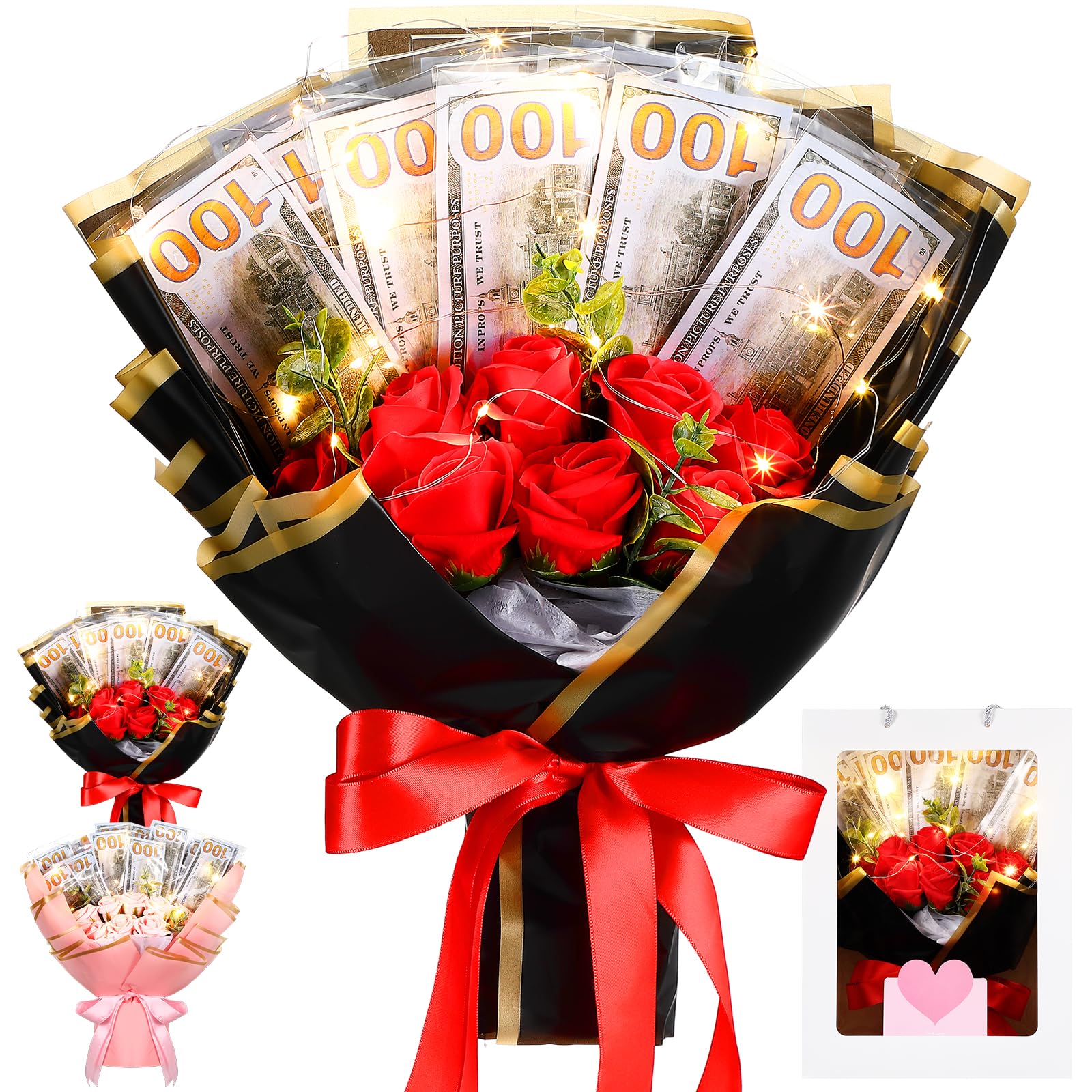 Birthday Gift Money Flower Bouquet Cash Rose Artificial Bouquet Money Bouquet Kit for Cash Gift Pink Money Bouquet Flowers with Bag LED Light String Card for Birthday Party Anniversary  Weddig Gift for Women Girlfriend  (money not included)