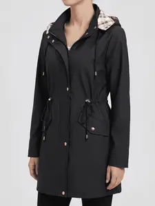 Women's Mid-Length Hooded Zipper Windbreaker Jacket, Full Front Zipper, Adjustable Hood and Pockets, Durable Casual Outdoor Clothing