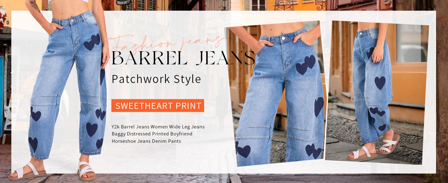 CHARTOU Y2k Barrel Jeans Women Wide Leg Baggy Distressed Printed Boyfriend Horseshoe Denim Pants Bottom Streetwear