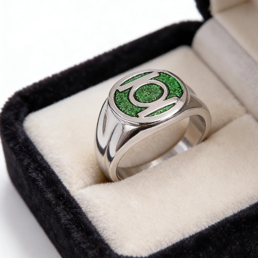 Unisex Silver-Coated Classic Green Lantern Symbol Round Ring - Green Enamel, Superhero Costume Jewelry for Role-Playing & Daily Wear, Circle Shape, Role-Play Ready