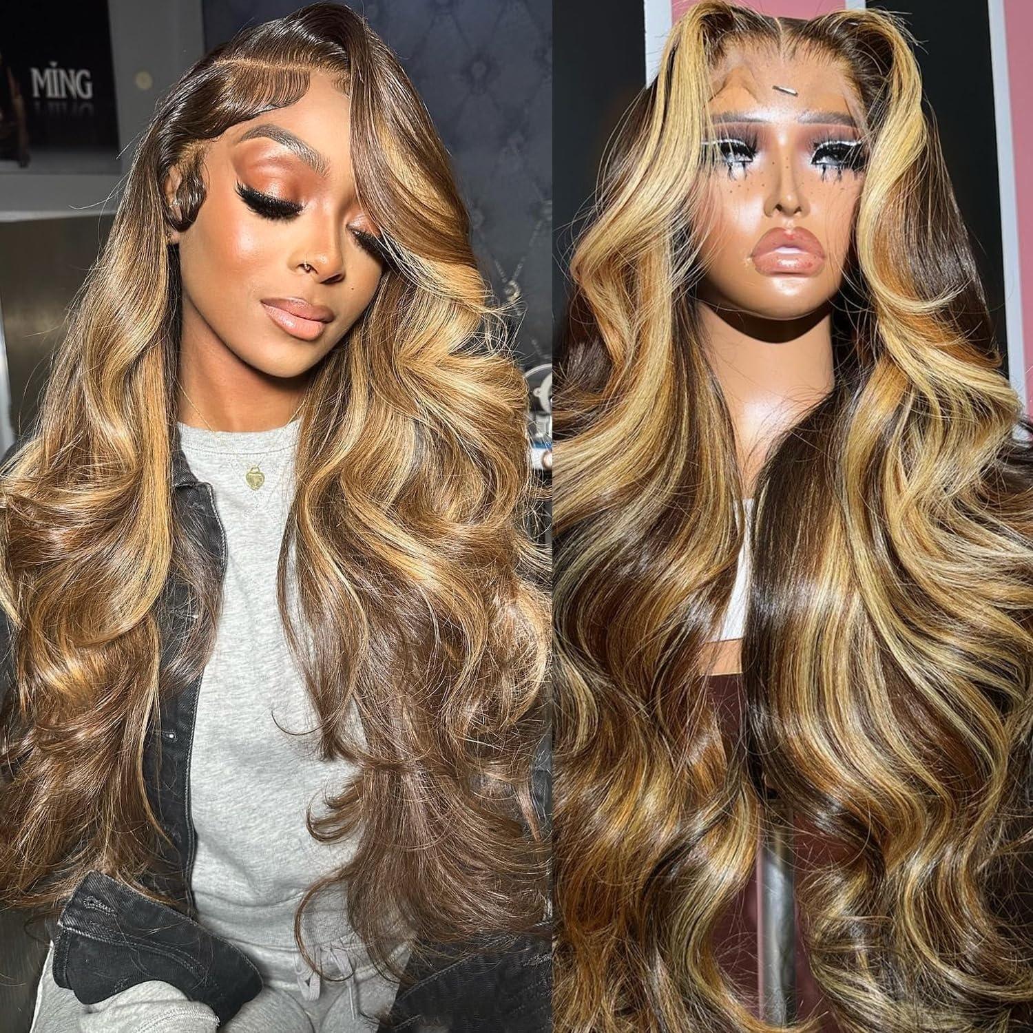 BB Face Body Wave 13x6 HD lace Front Human Hair Wigs P4/27 Highlight 180% density Pre plucked 99j Lace Frontal Human Hair Wigs For Women With Baby Hair